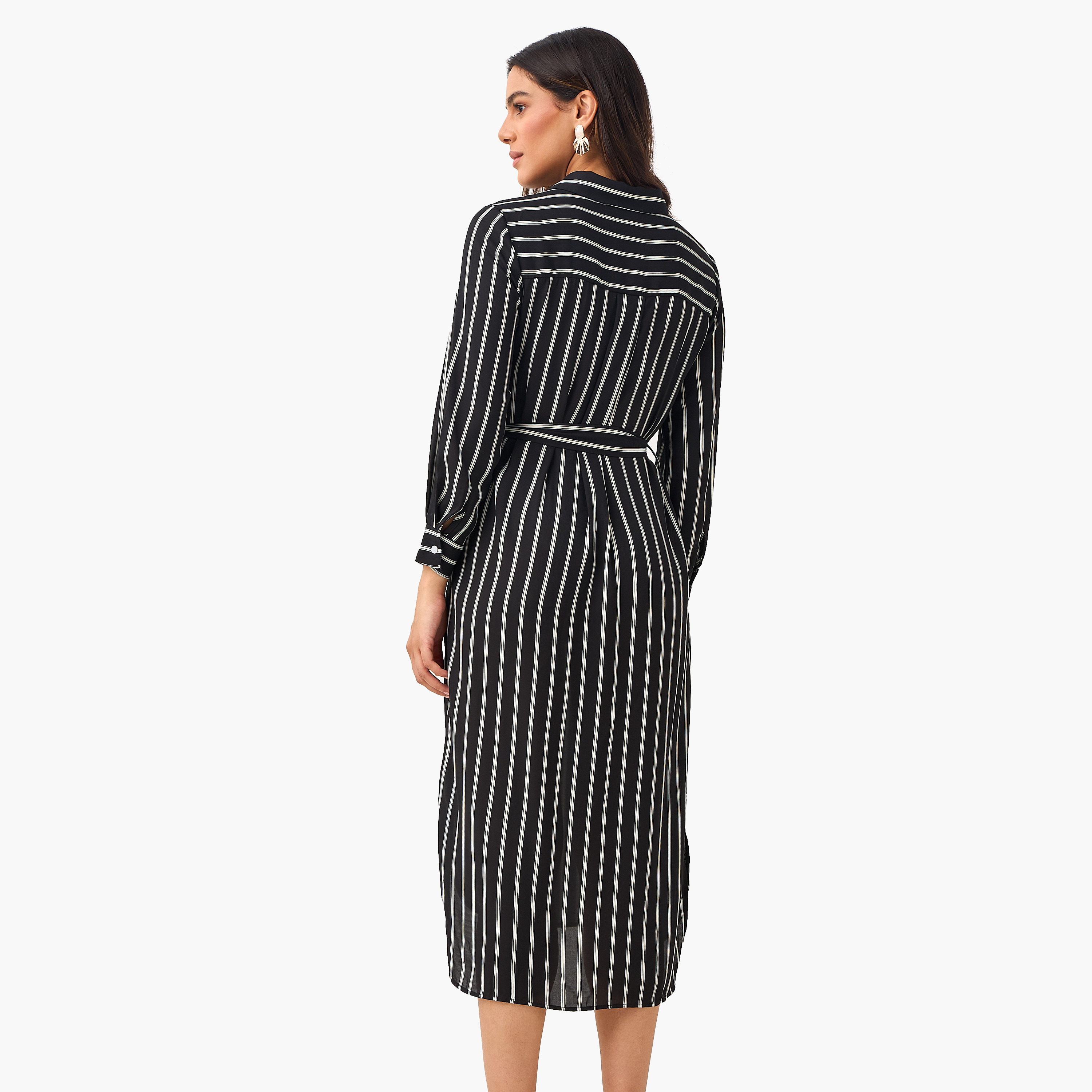 Striped Women Shirt Dress with Tie-Up Belt-women-clothing-dresses-image-4