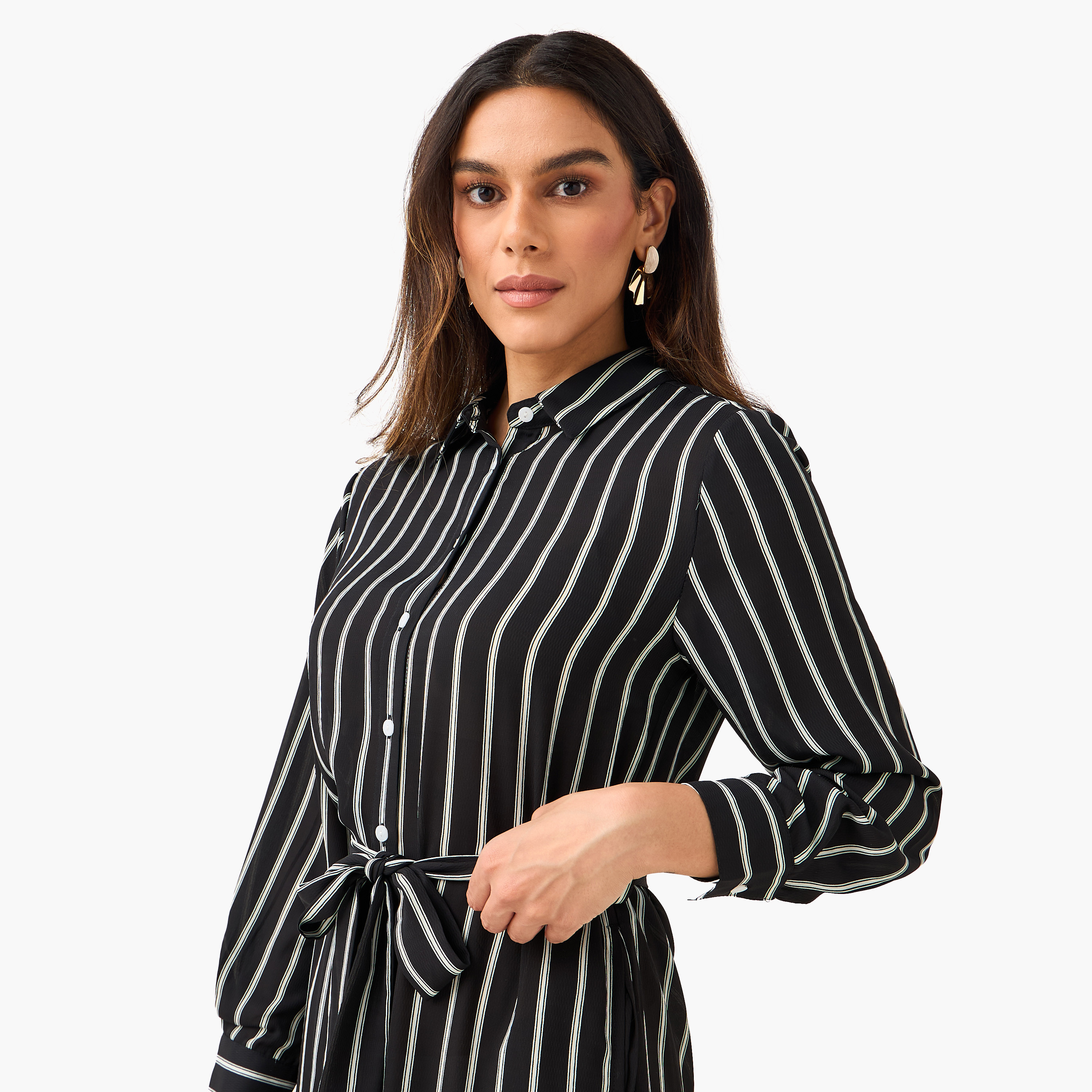 Striped Women Shirt Dress with Tie-Up Belt-women-clothing-dresses-image-5