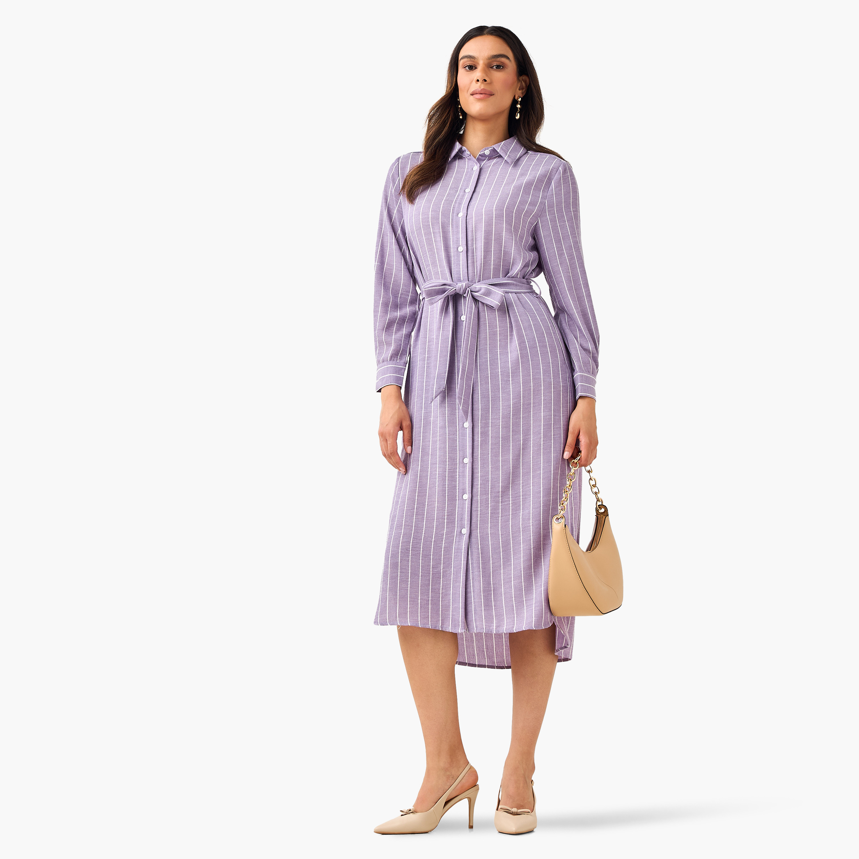 Striped Women Shirt Dress with Tie-Up Belt-women-clothing-dresses-image-3
