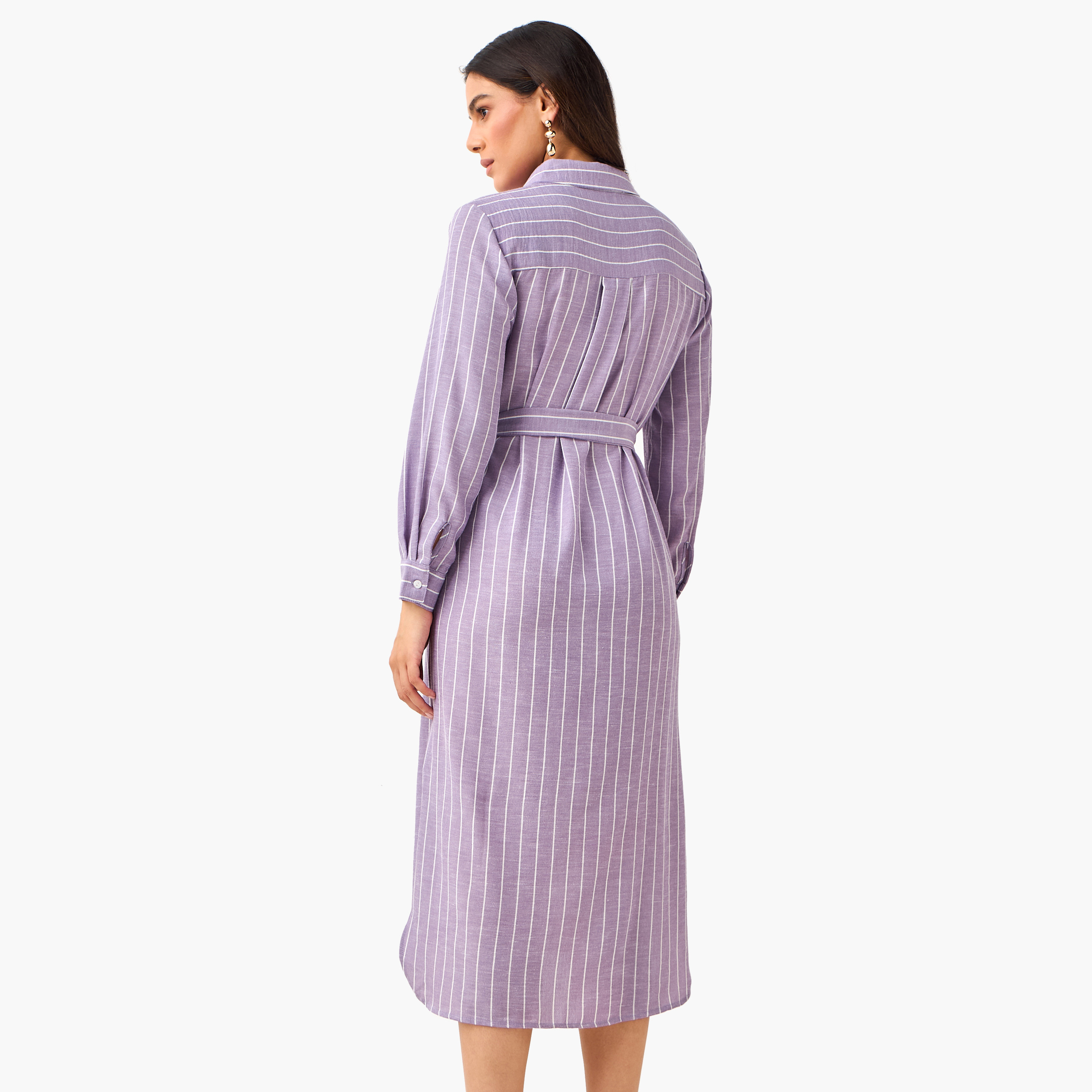 Striped Women Shirt Dress with Tie-Up Belt-women-clothing-dresses-image-4