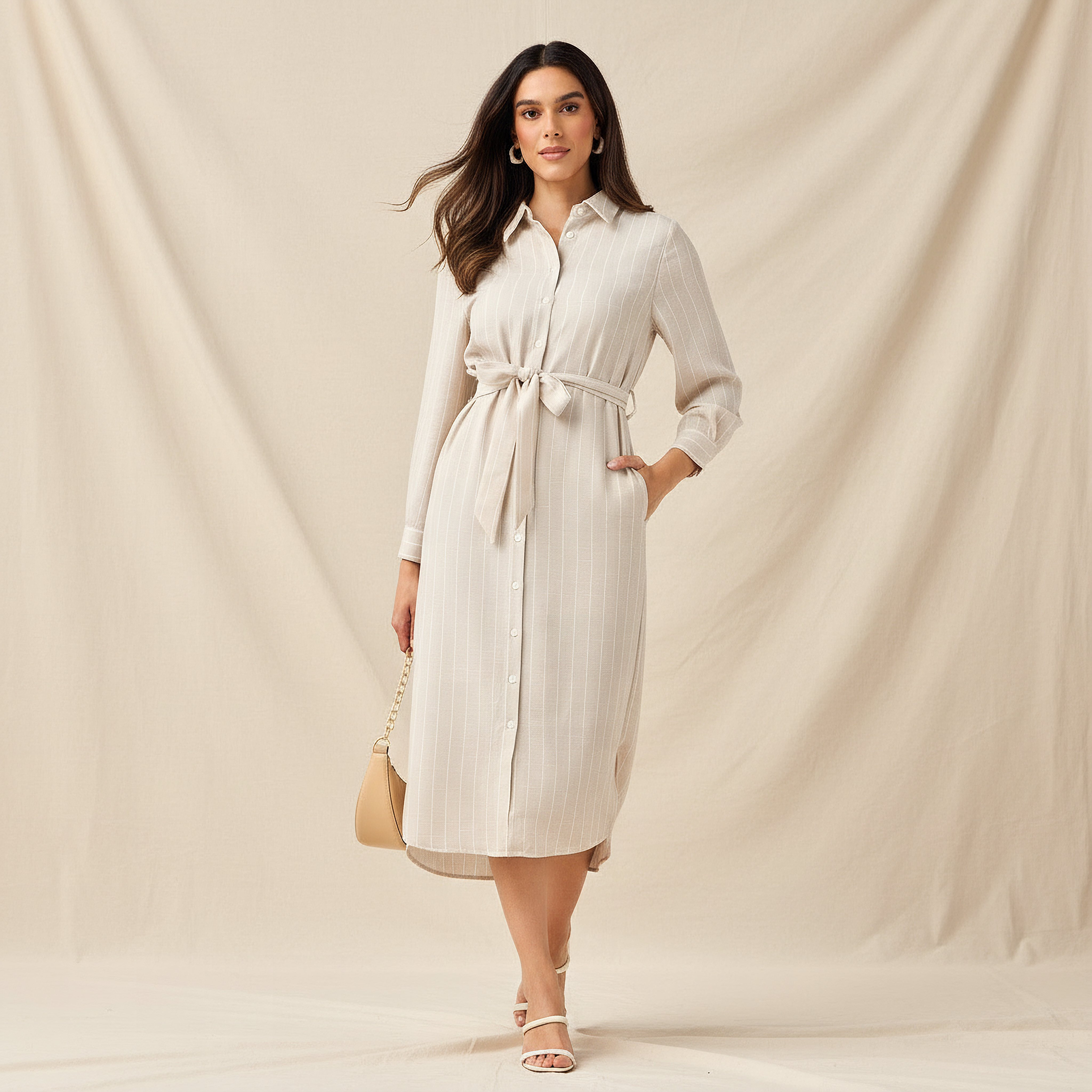 Striped Women Shirt Dress with Tie-Up Belt-women-clothing-dresses-image-1