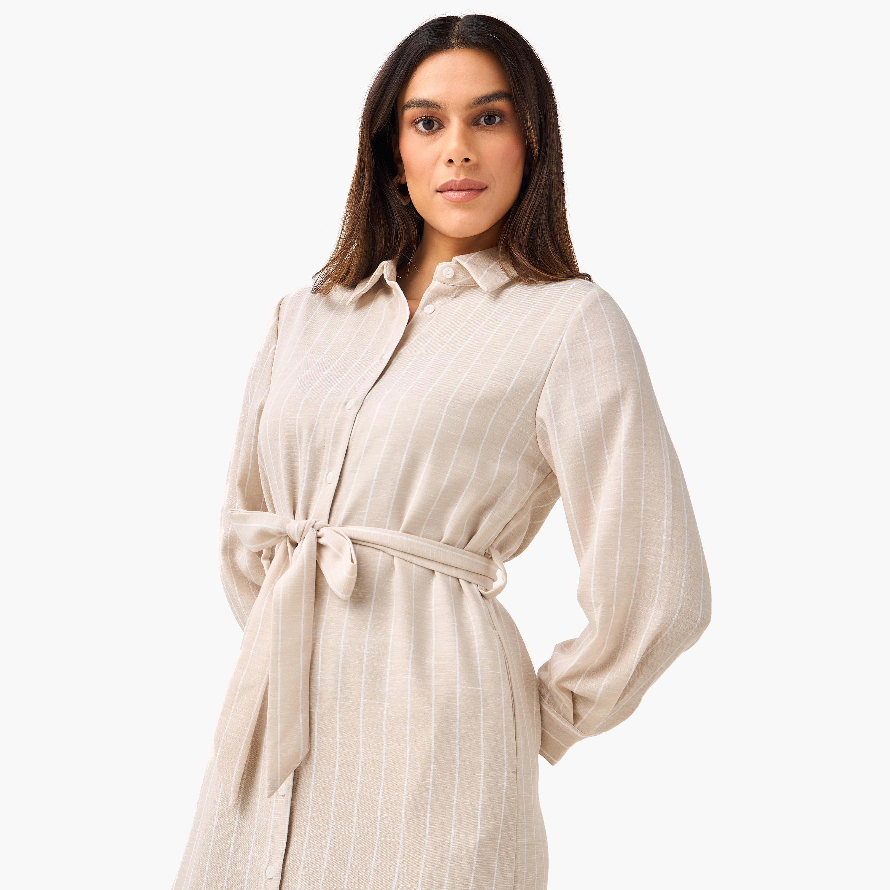Striped Women Shirt Dress with Tie-Up Belt-women-clothing-dresses-image-5