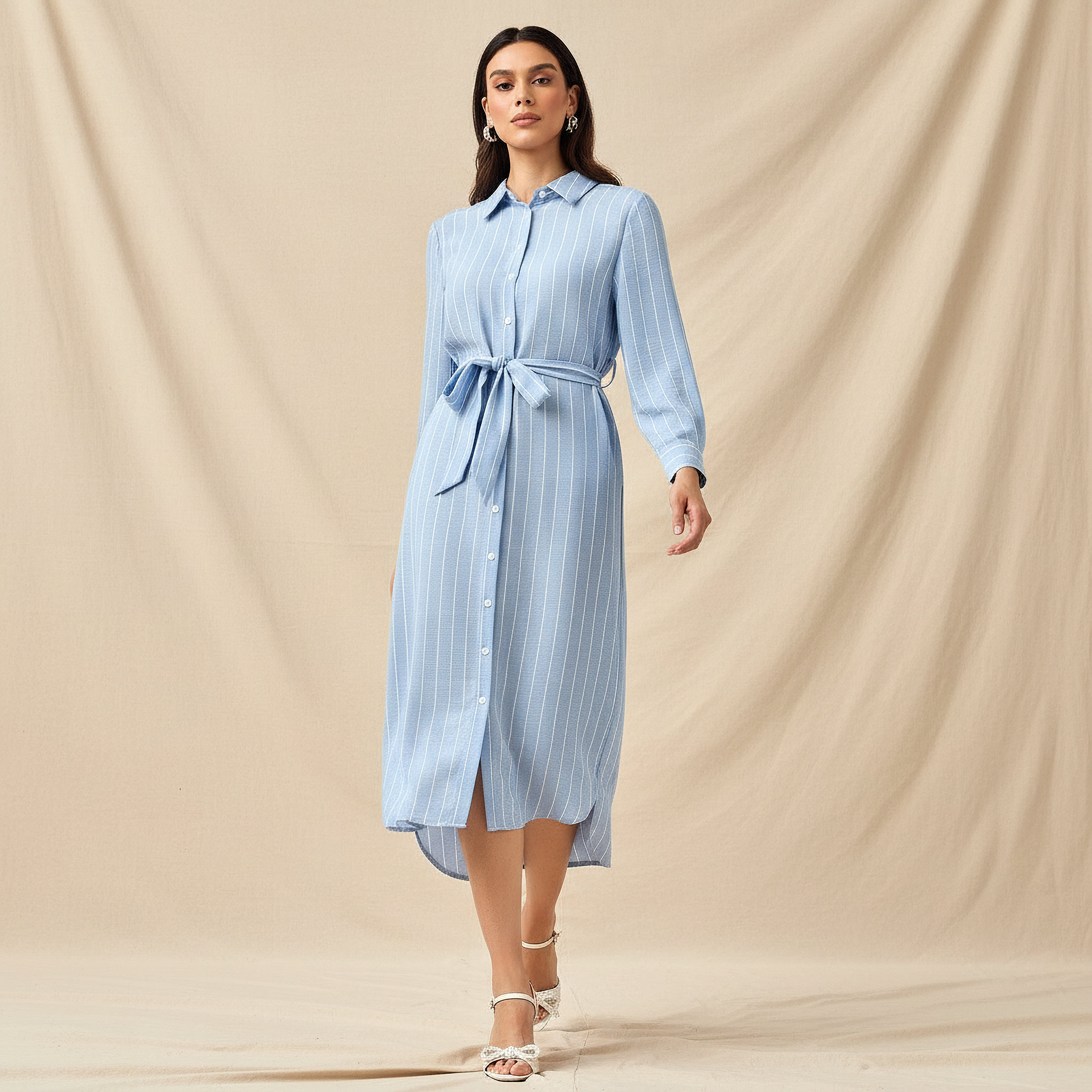 فستان قميص مقلم بحزام ربط للنساء-women-clothing-dresses-image-1