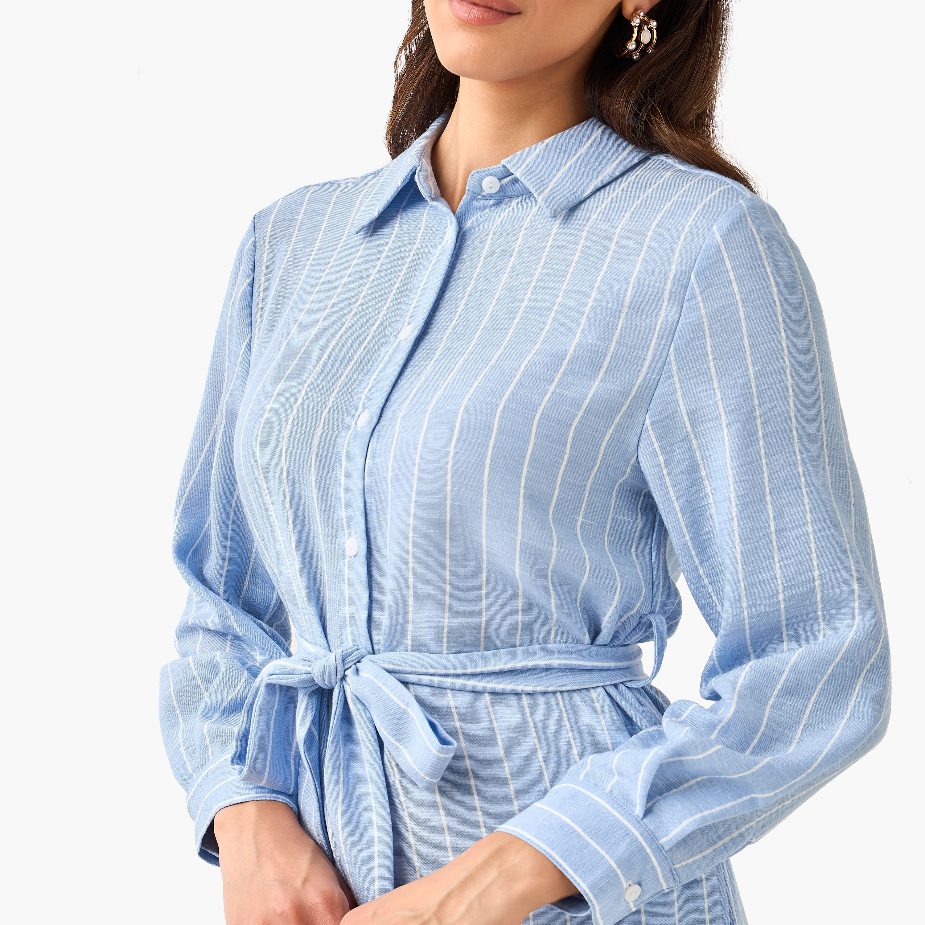 فستان قميص مقلم بحزام ربط للنساء-women-clothing-dresses-image-2