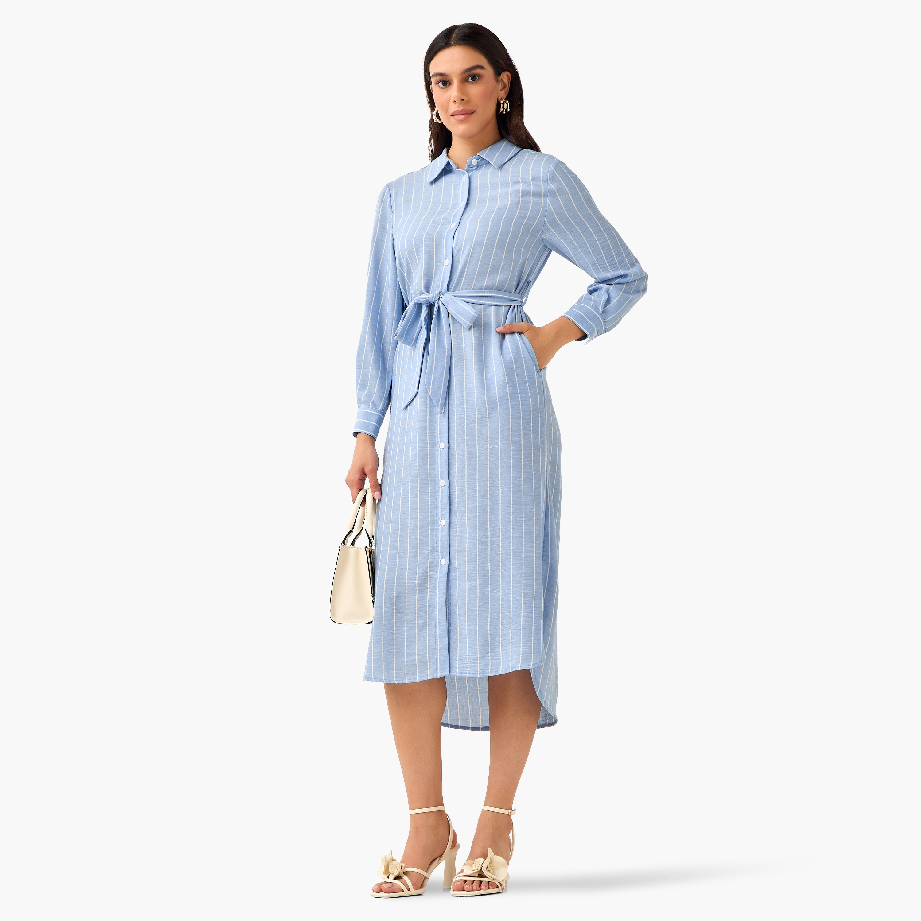 فستان قميص مقلم بحزام ربط للنساء-women-clothing-dresses-image-3