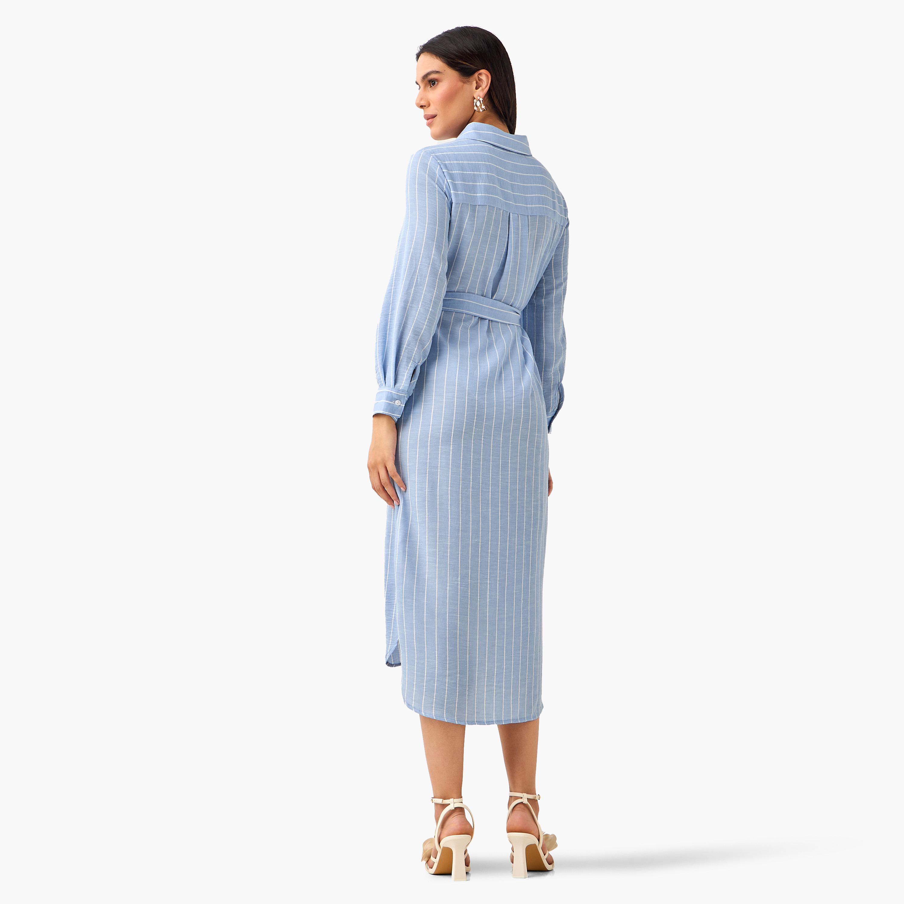 فستان قميص مقلم بحزام ربط للنساء-women-clothing-dresses-image-4