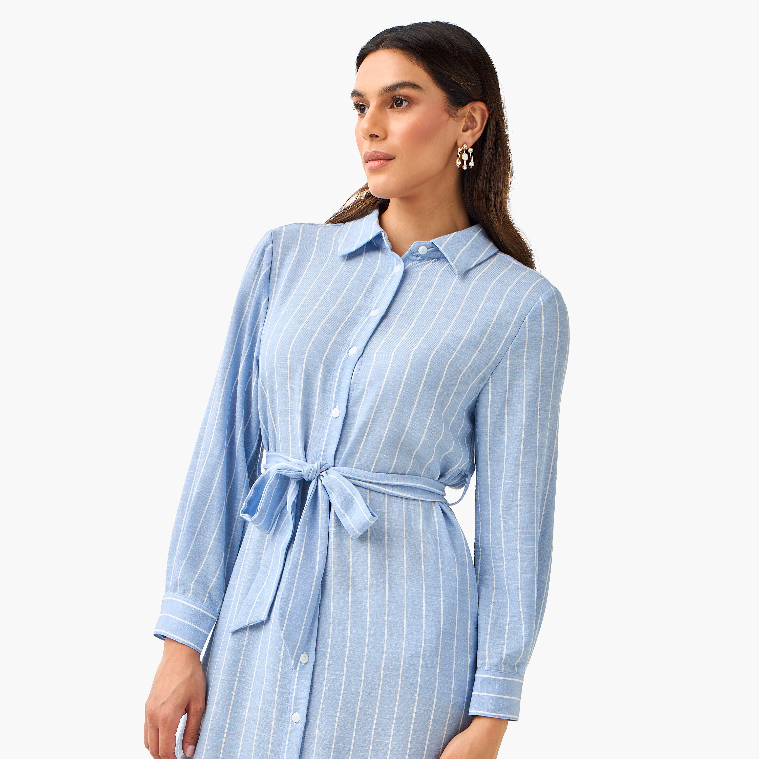 فستان قميص مقلم بحزام ربط للنساء-women-clothing-dresses-image-5