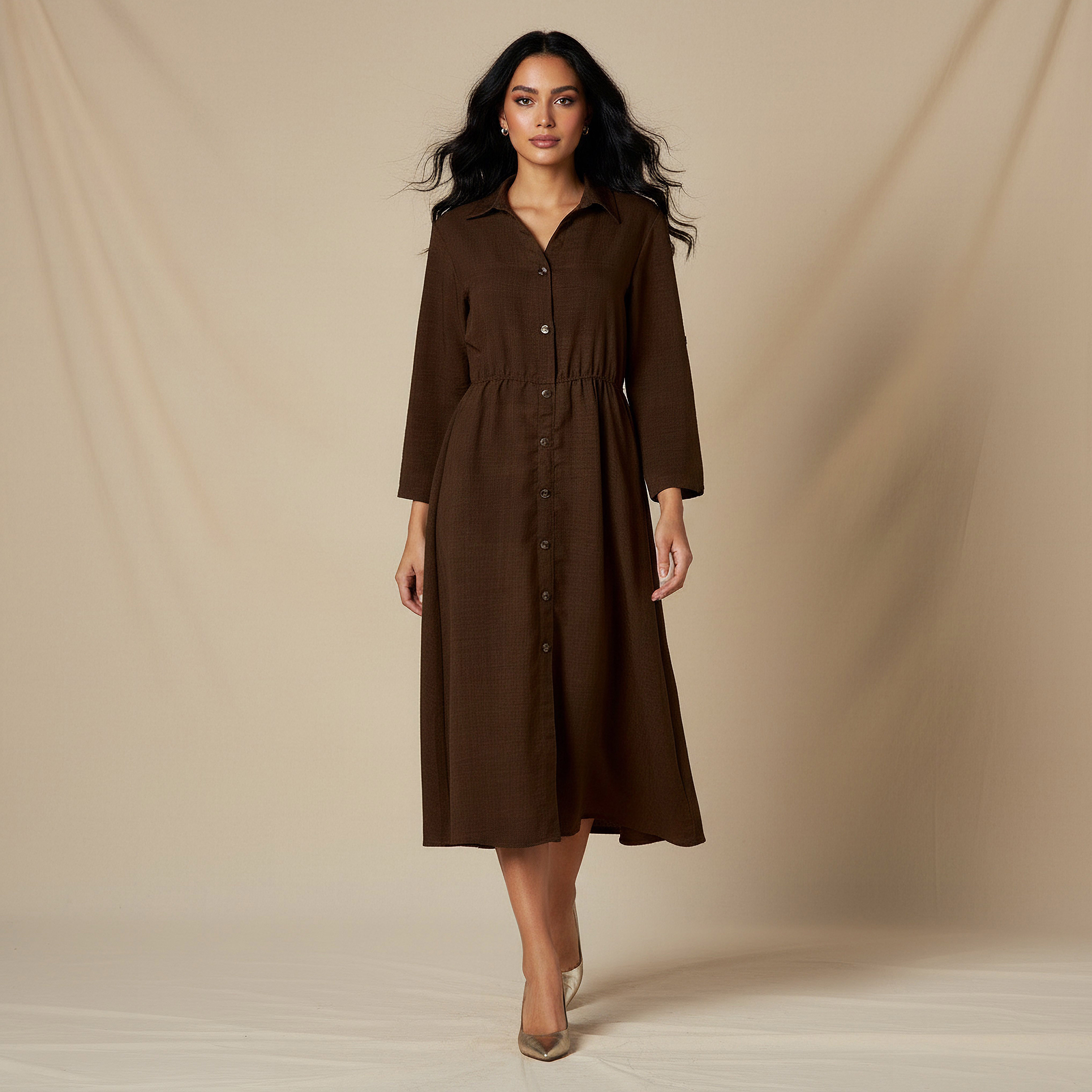 Midi Linen Shirt Dress with 3/4 Sleeves-women-clothing-dresses-image-1