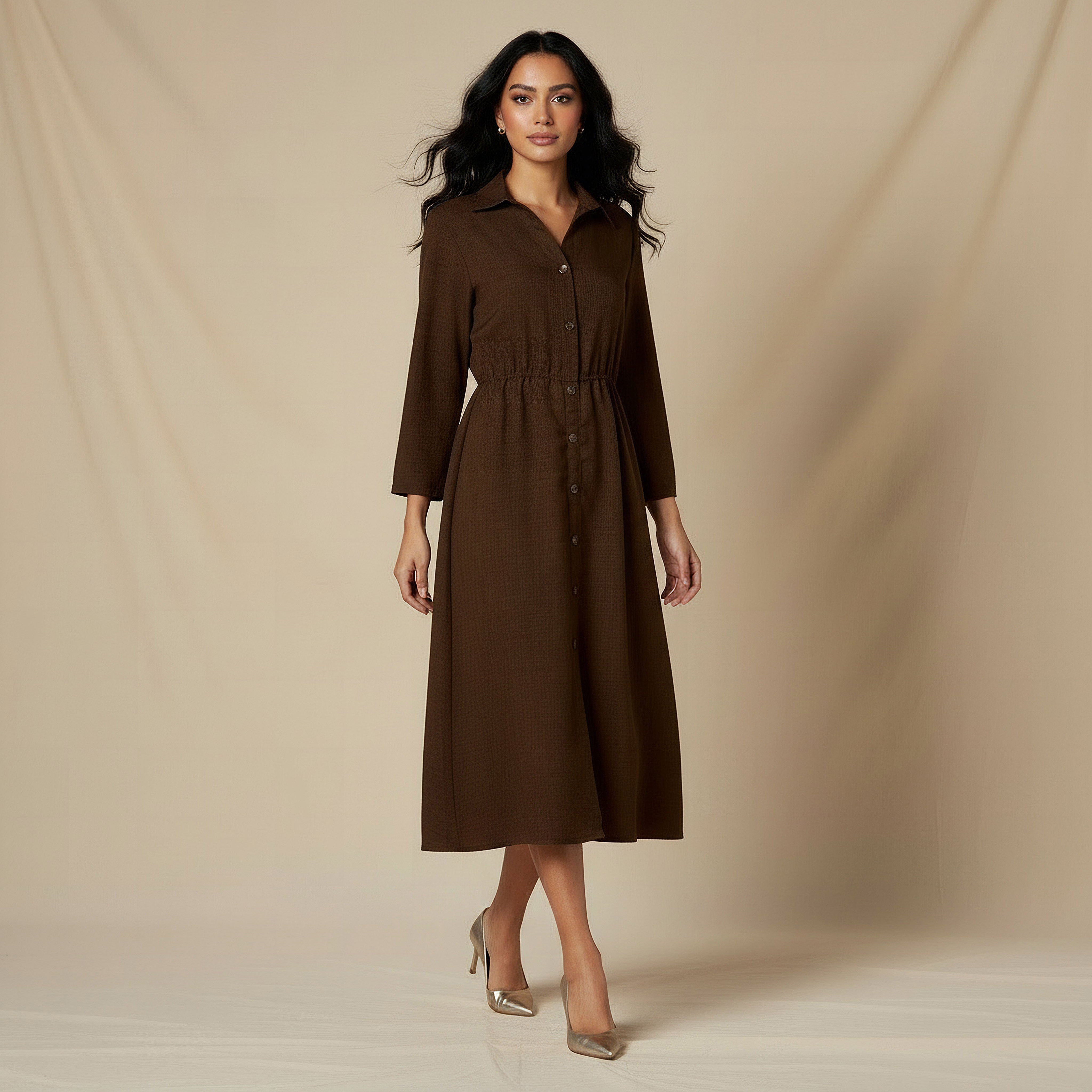 Midi Linen Shirt Dress with 3/4 Sleeves-women-clothing-dresses-image-2