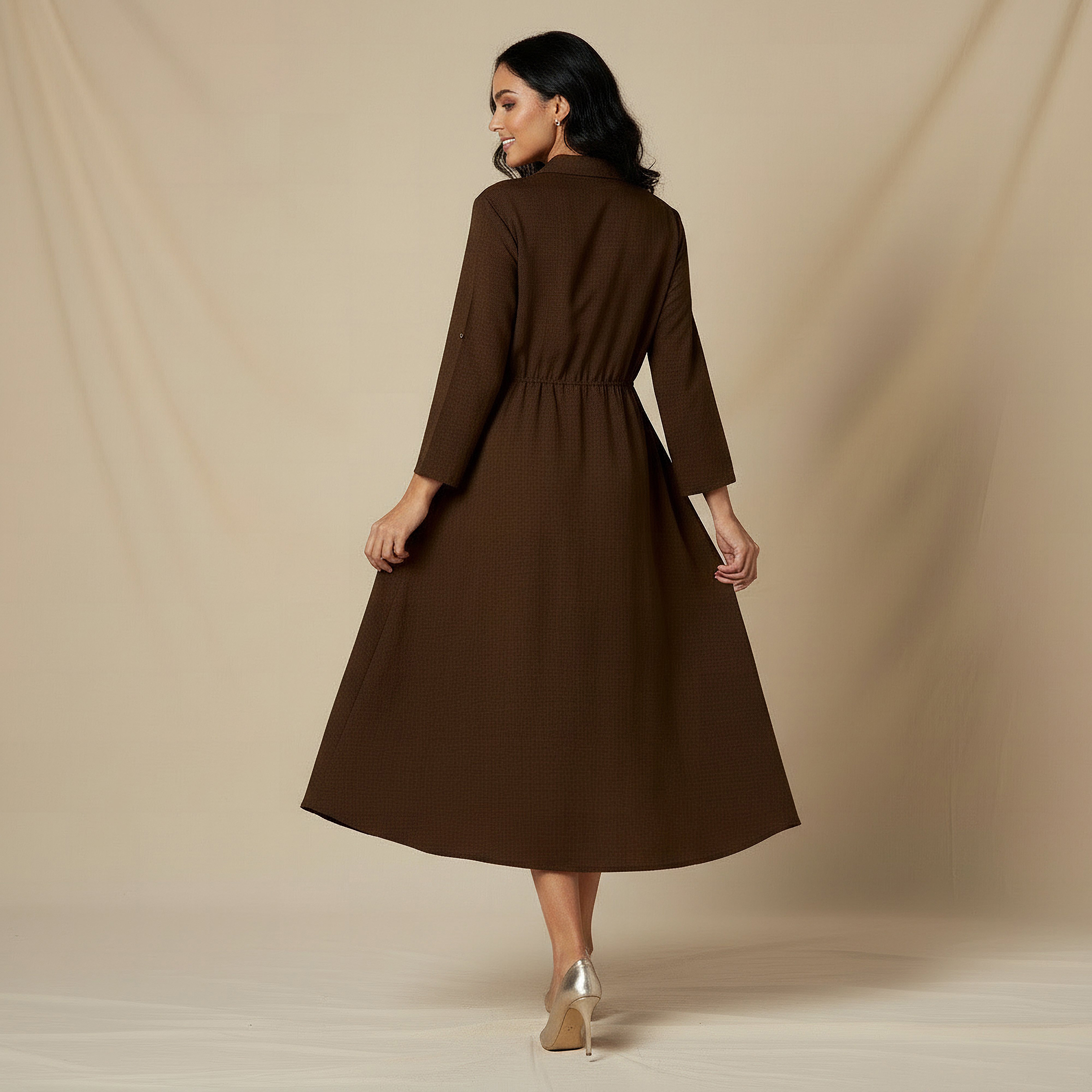 Midi Linen Shirt Dress with 3/4 Sleeves-women-clothing-dresses-image-3