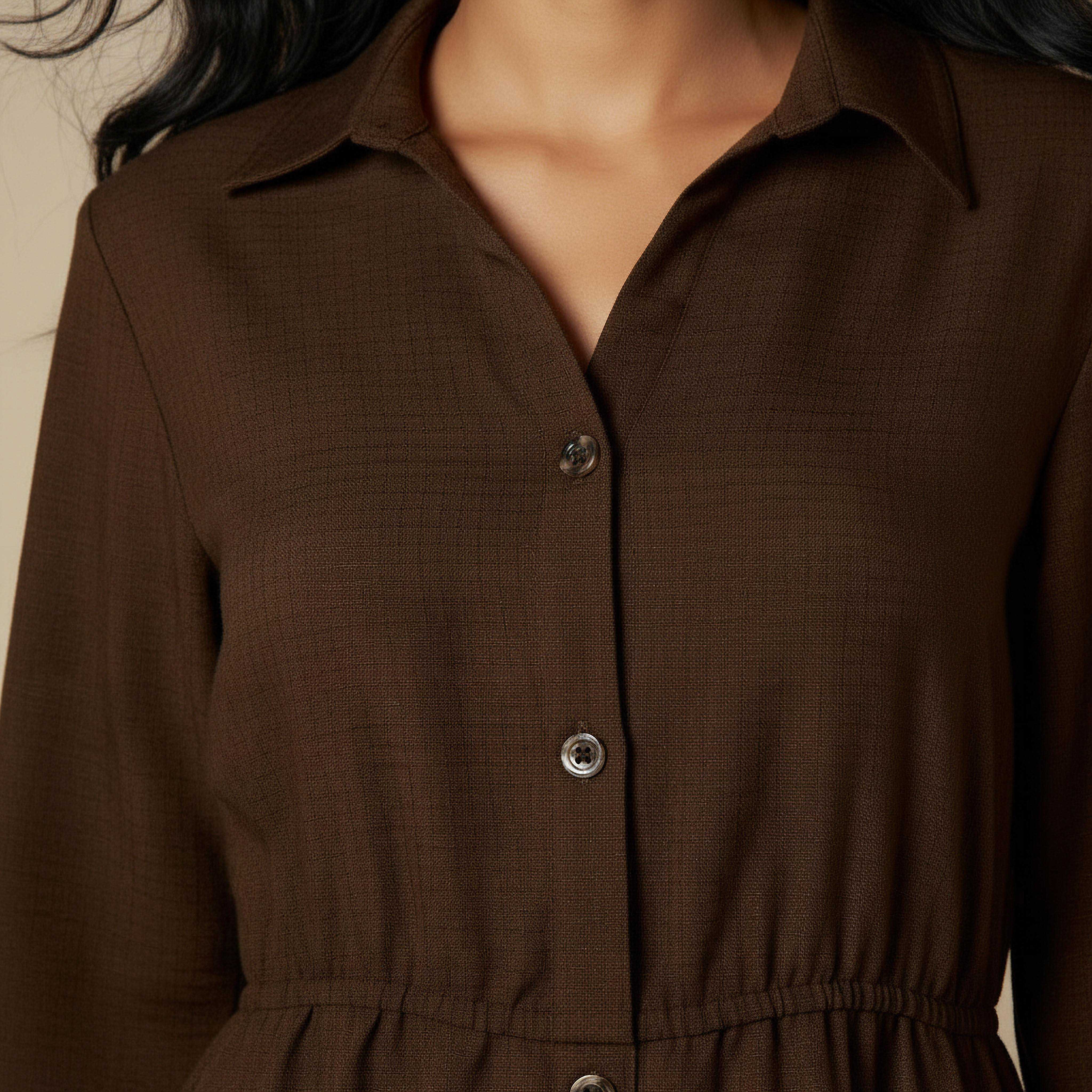 Midi Linen Shirt Dress with 3/4 Sleeves-women-clothing-dresses-image-4