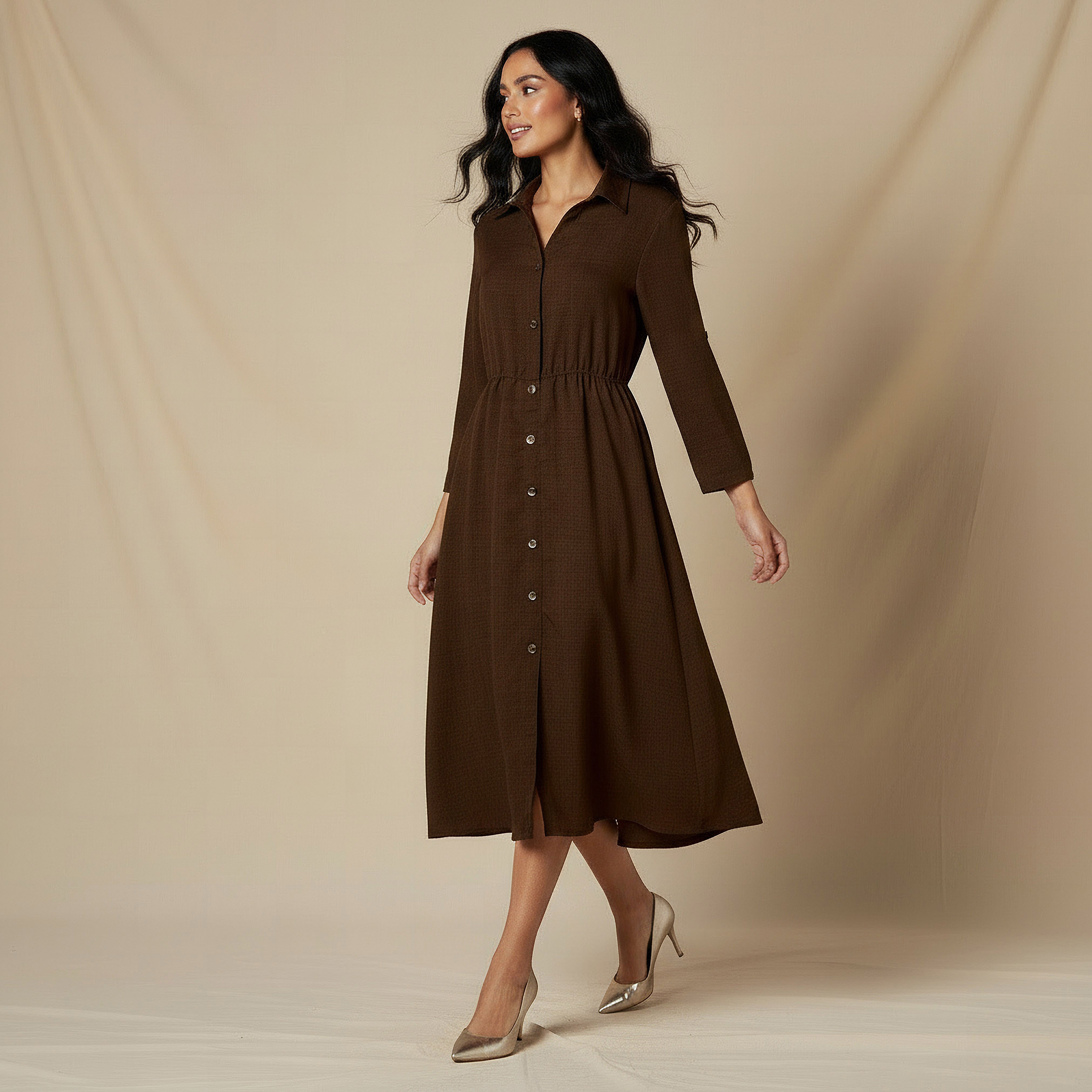 Midi Linen Shirt Dress with 3/4 Sleeves-women-clothing-dresses-image-5