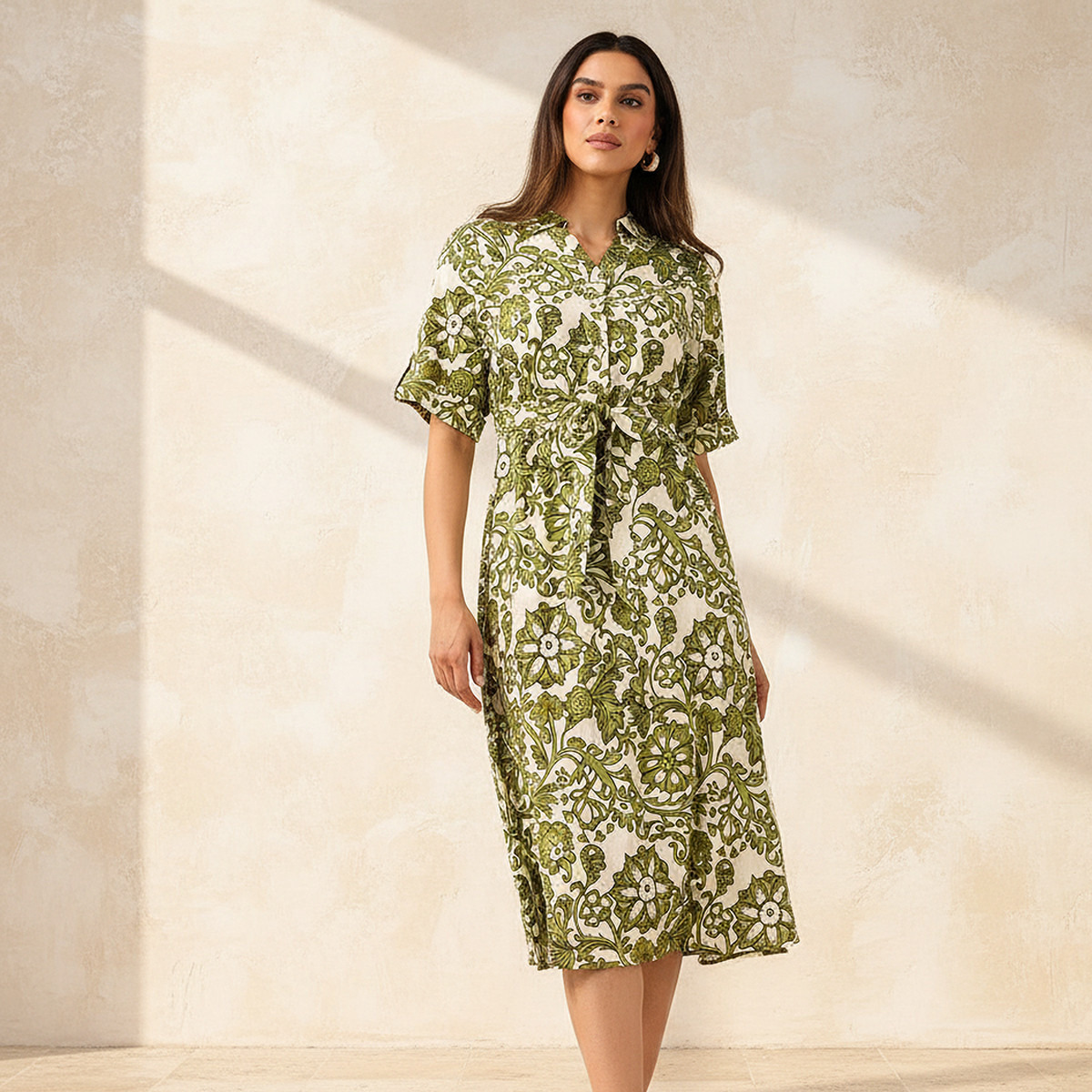 Belted Midi Shirt Dress with Printed Design-women-clothing-dresses-image-1