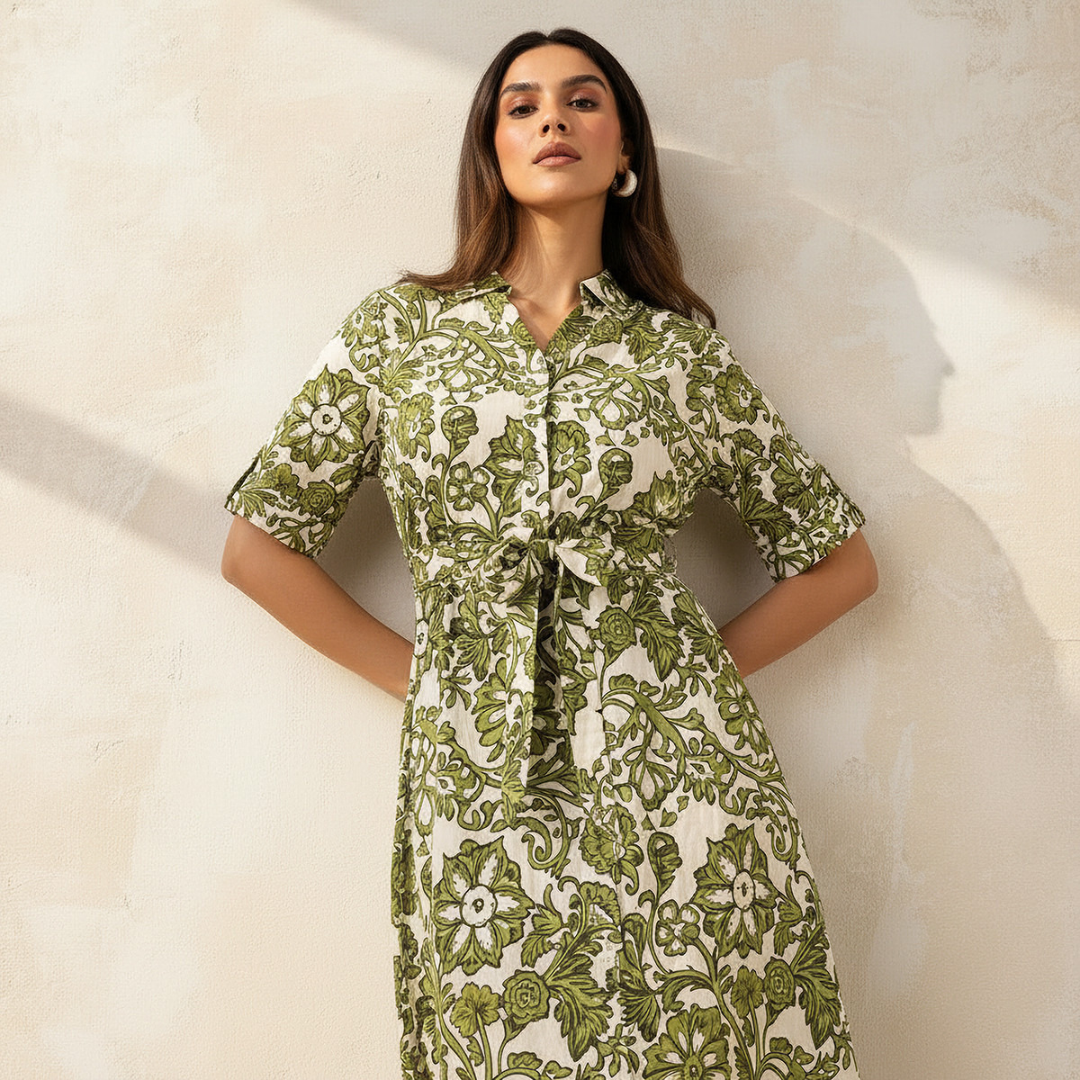 Belted Midi Shirt Dress with Printed Design-women-clothing-dresses-image-3
