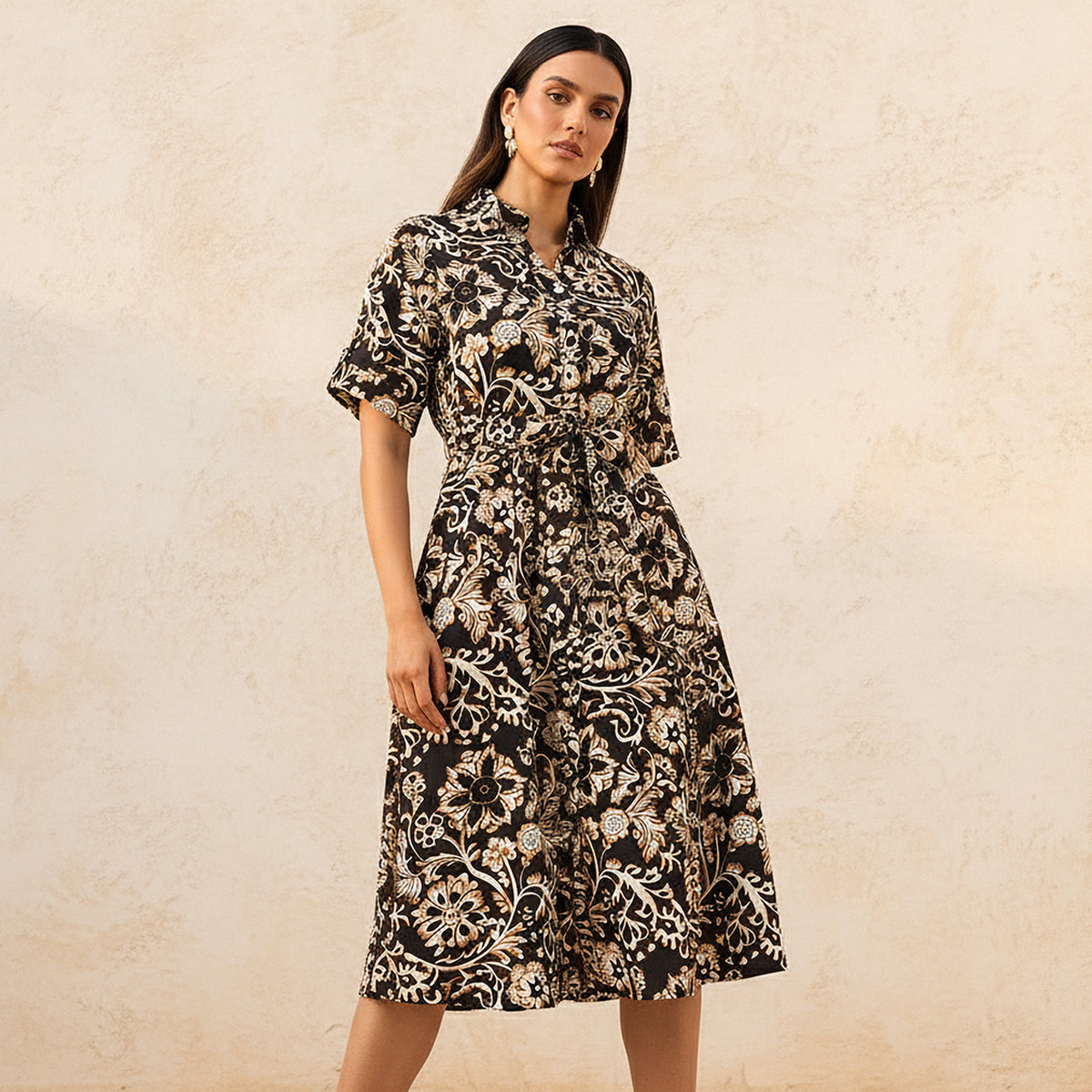 Belted Midi Shirt Dress with Printed Design-women-clothing-dresses-image-1