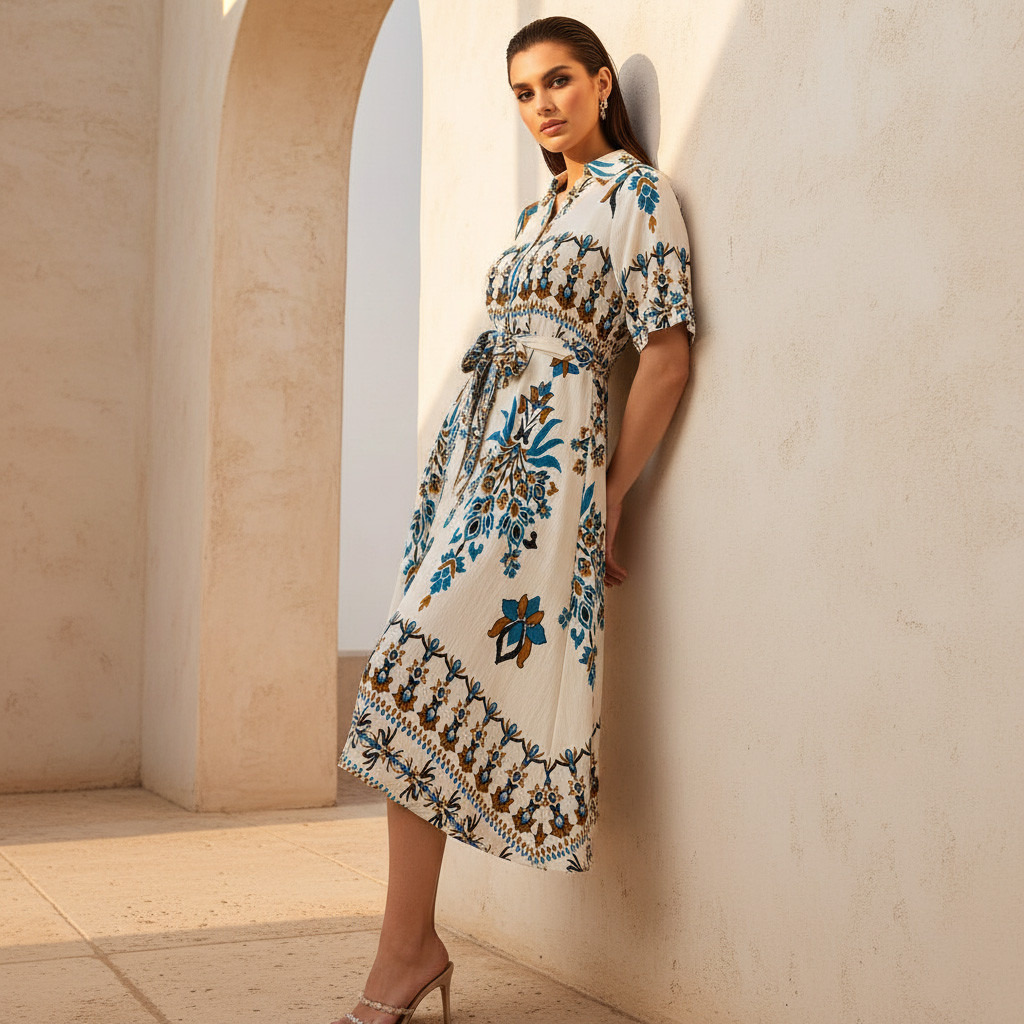 Belted Midi Shirt Dress with Printed Design-women-clothing-dresses-image-1