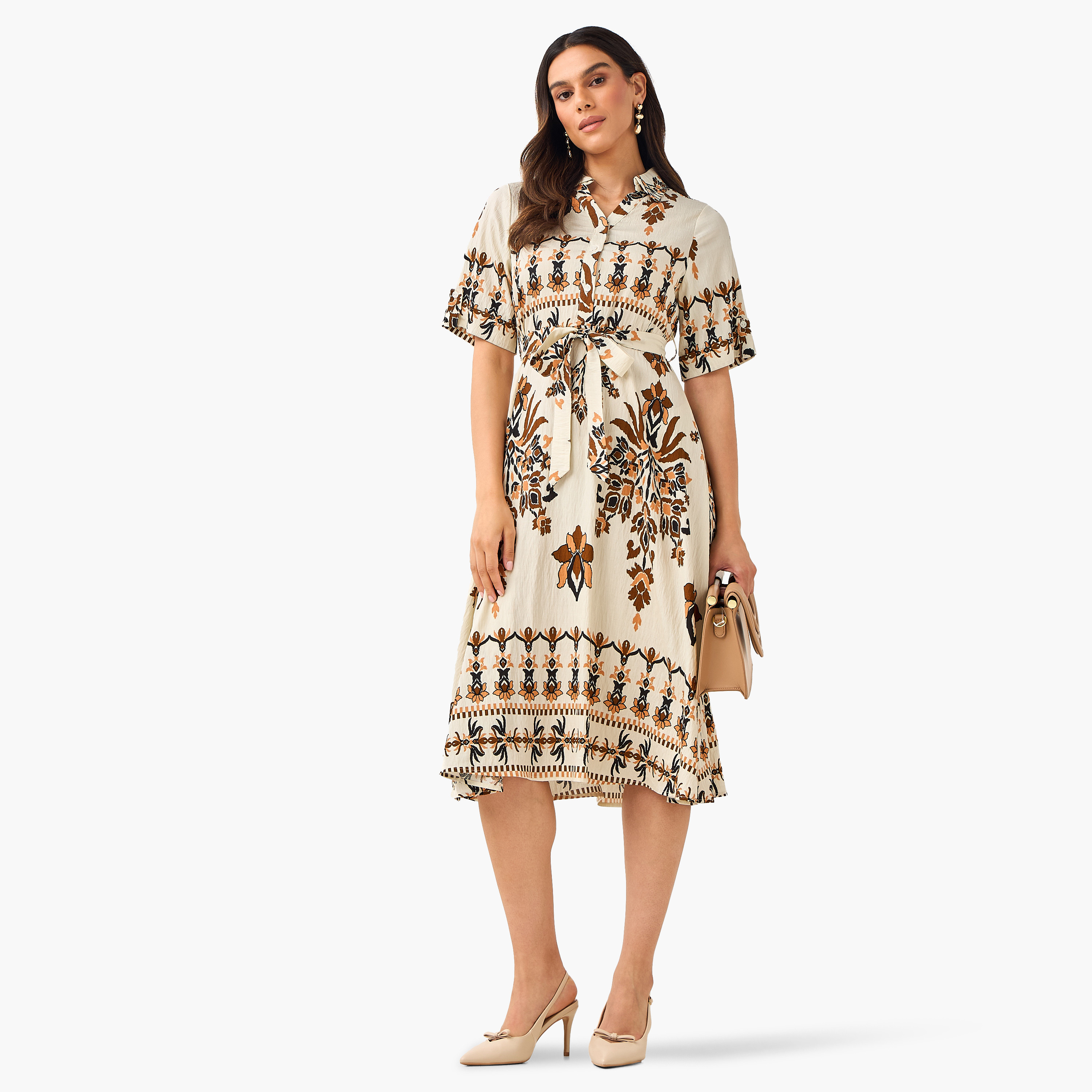 Belted Midi Shirt Dress with Printed Design-women-clothing-dresses-image-3