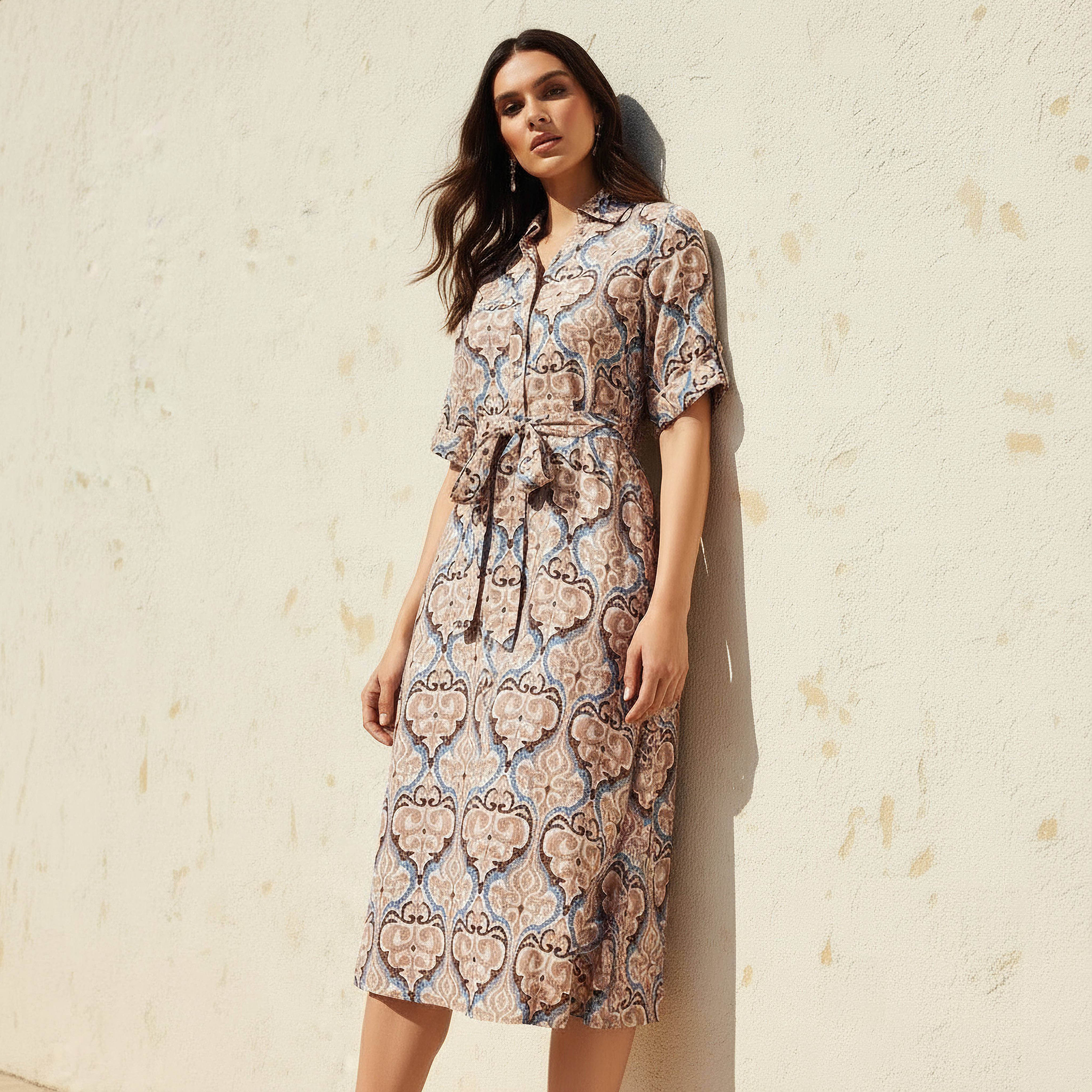 Belted Midi Shirt Dress with Printed Design-women-clothing-dresses-image-1