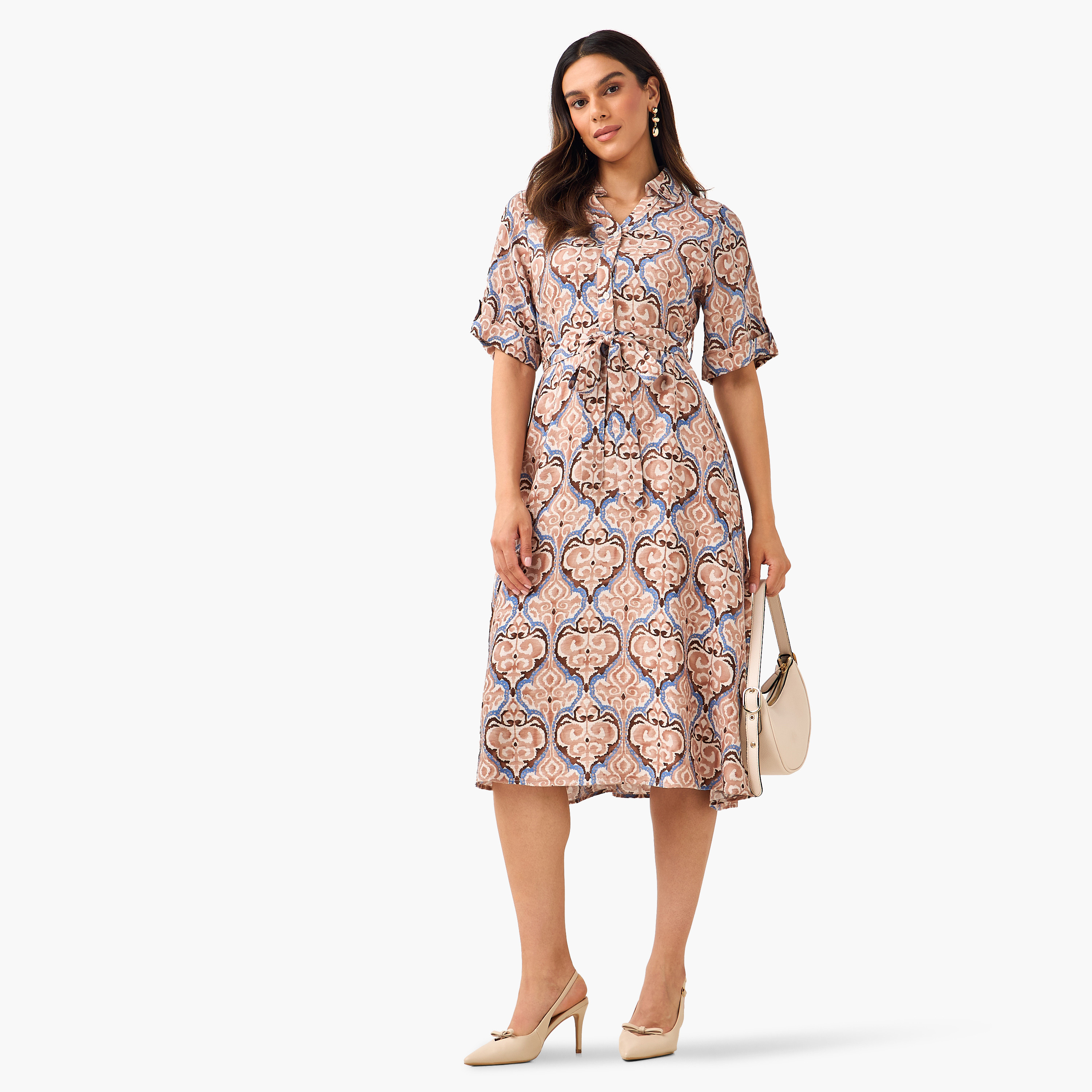 Belted Midi Shirt Dress with Printed Design-women-clothing-dresses-image-3