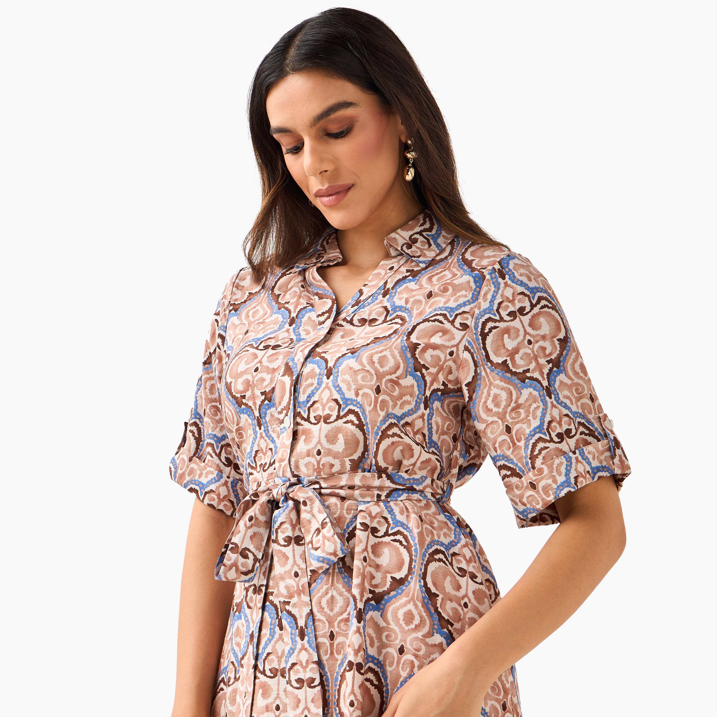 Belted Midi Shirt Dress with Printed Design-women-clothing-dresses-image-5