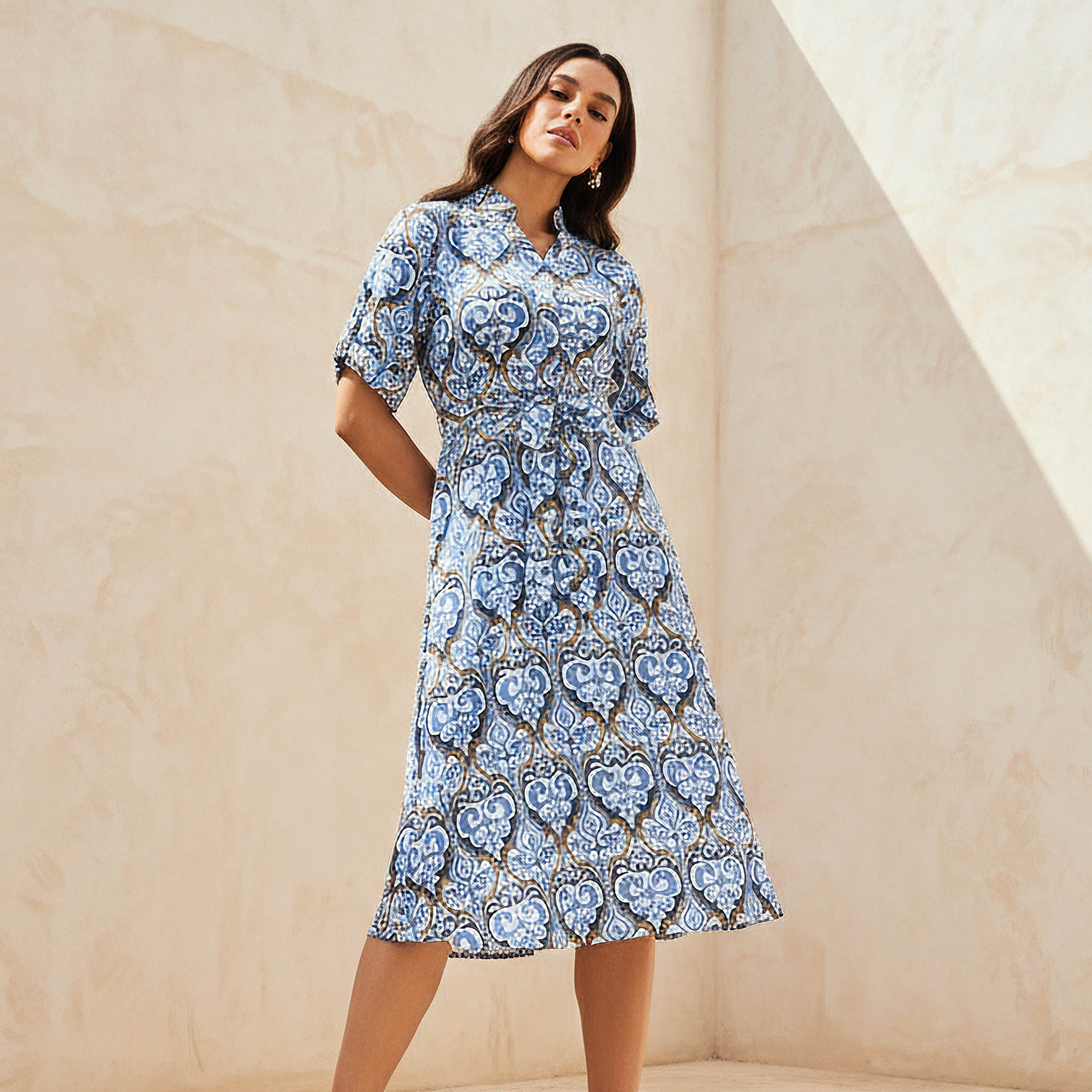 Belted Midi Shirt Dress with Printed Design-women-clothing-dresses-image-1