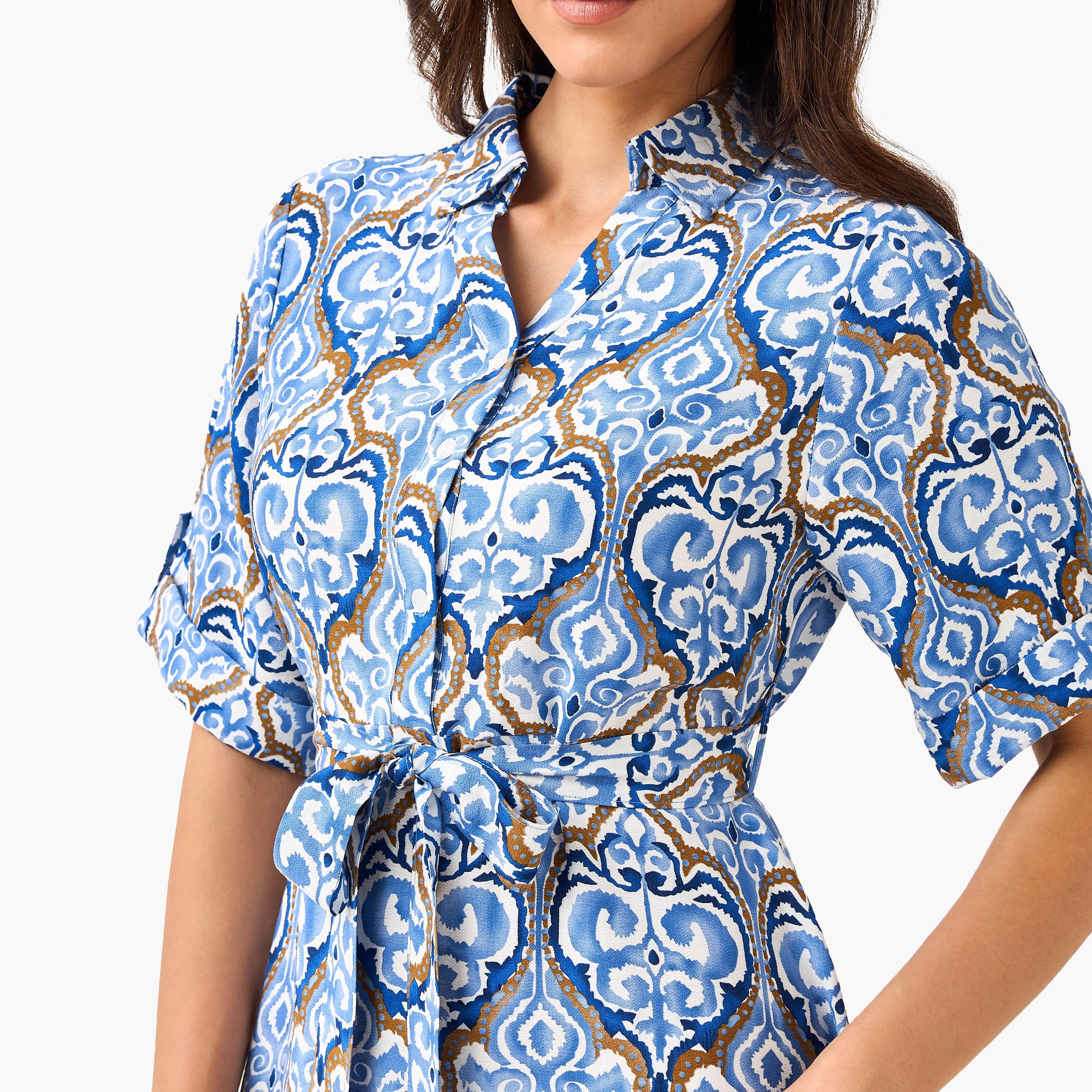Belted Midi Shirt Dress with Printed Design-women-clothing-dresses-image-2