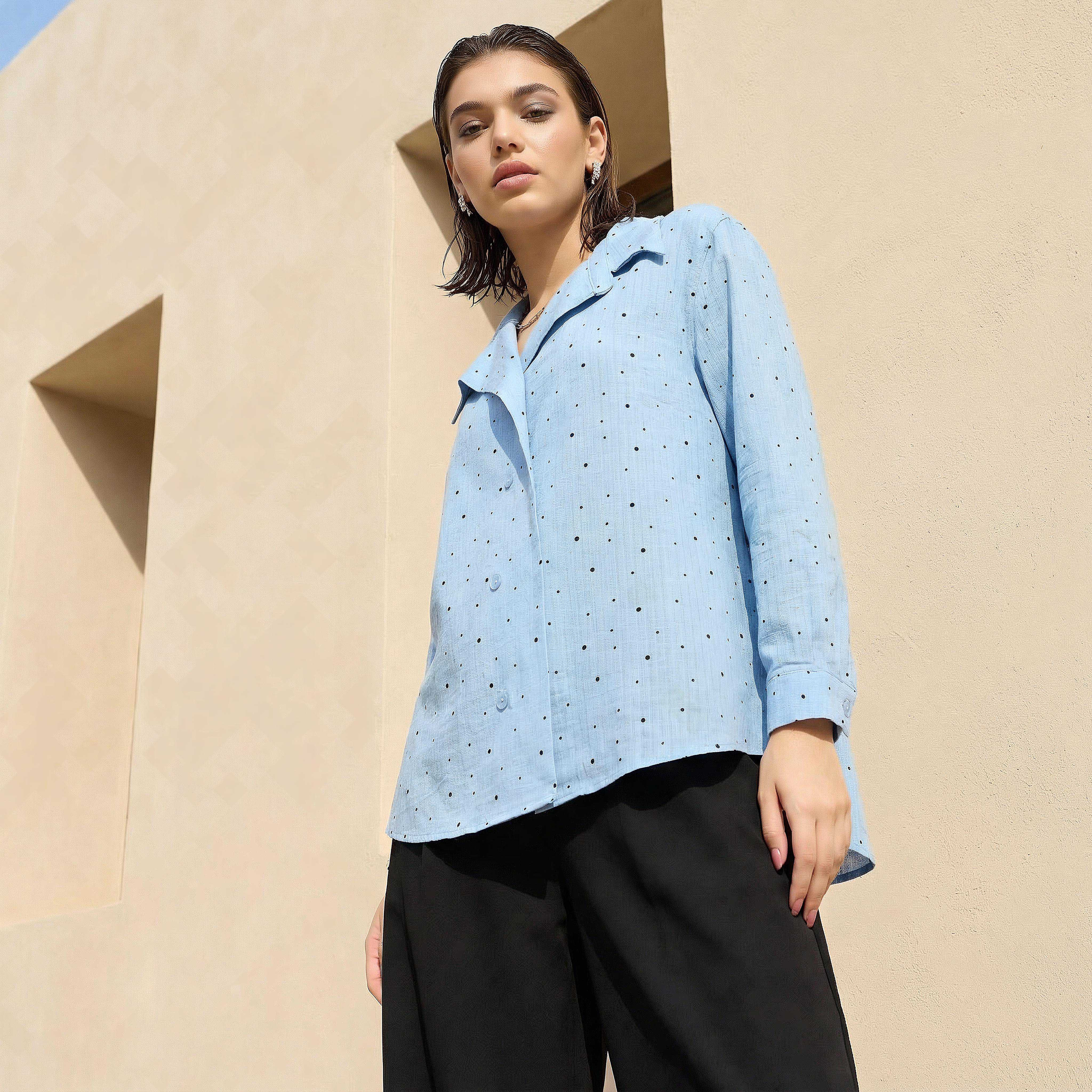 Shirt with Polka Dot Print and High-Low Hem-women-clothing-shirtsandblouses-shirts-image-1