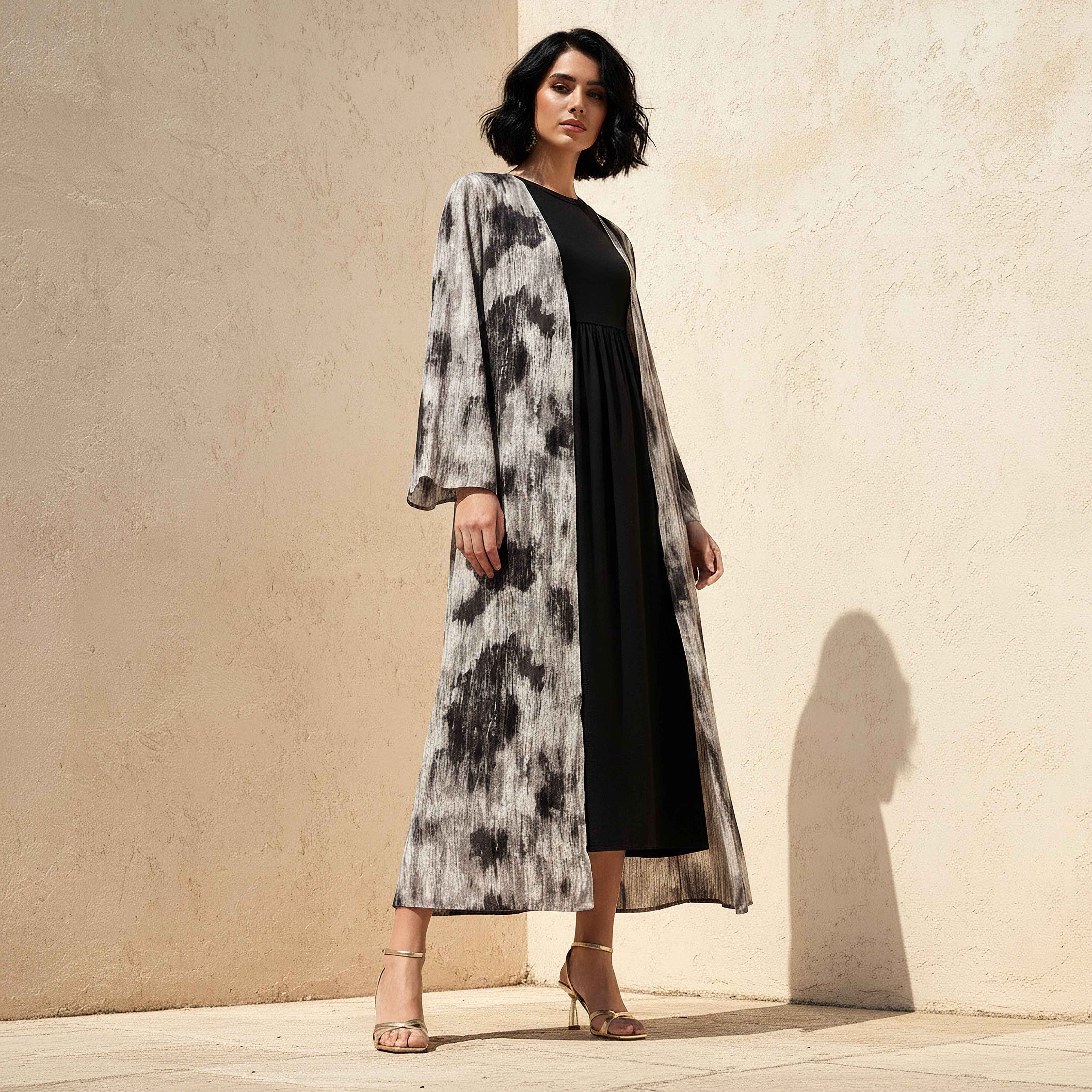 Regular Fit Kimono Abaya Shrug with Print-women-arabicclothing-abayas-image-1