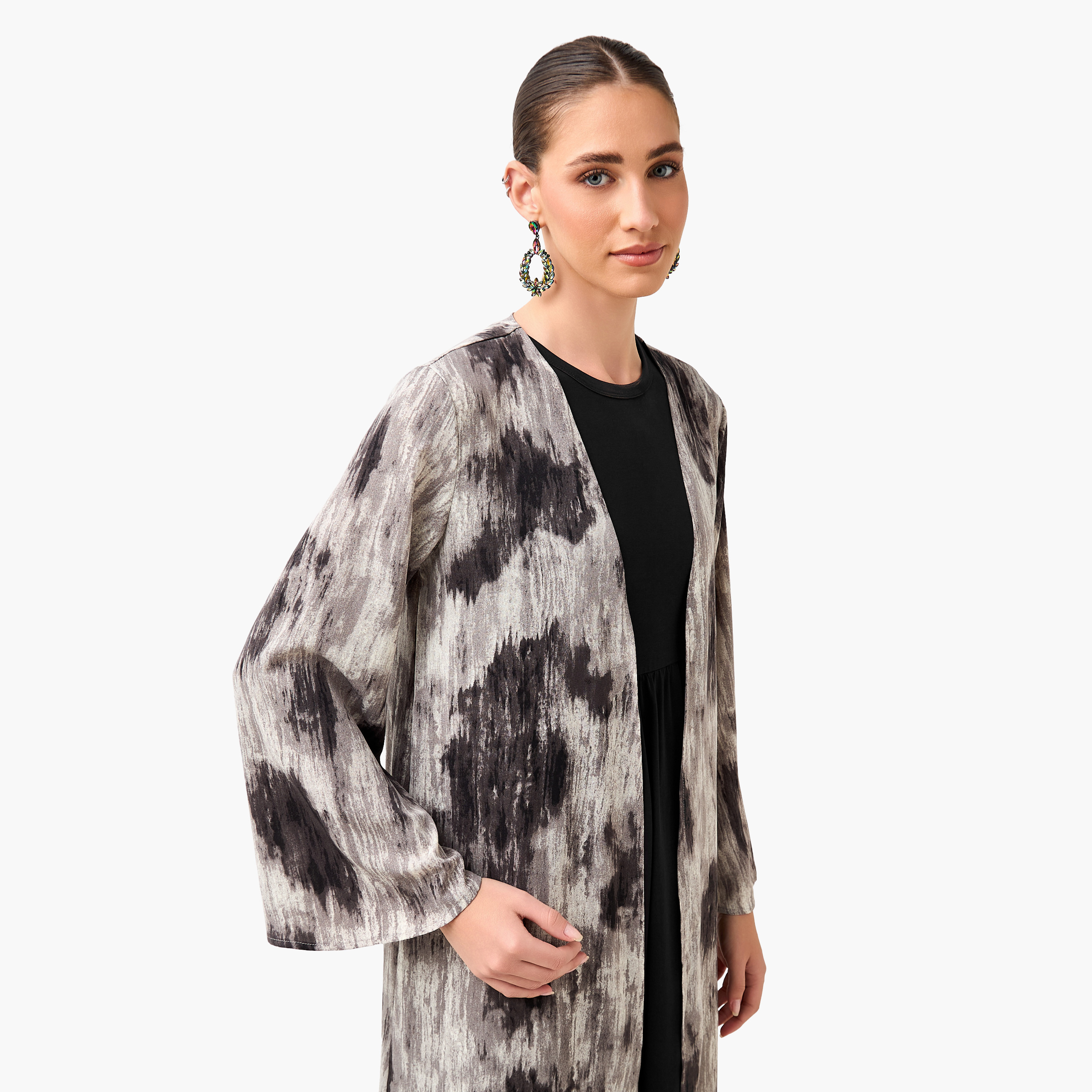 Regular Fit Kimono Abaya Shrug with Print-women-arabicclothing-abayas-image-6