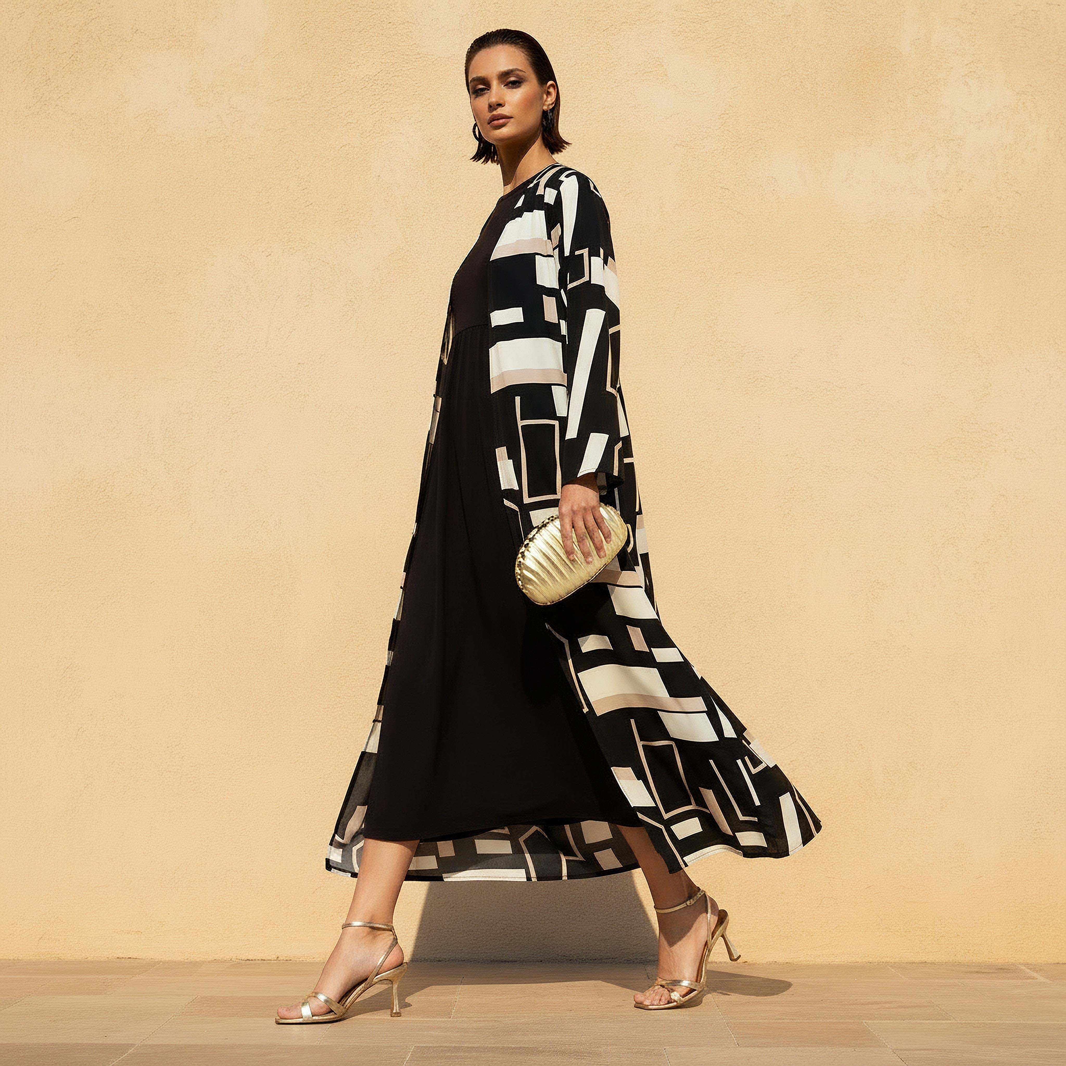Regular Fit Kimono Abaya Shrug with Print-women-arabicclothing-abayas-image-1