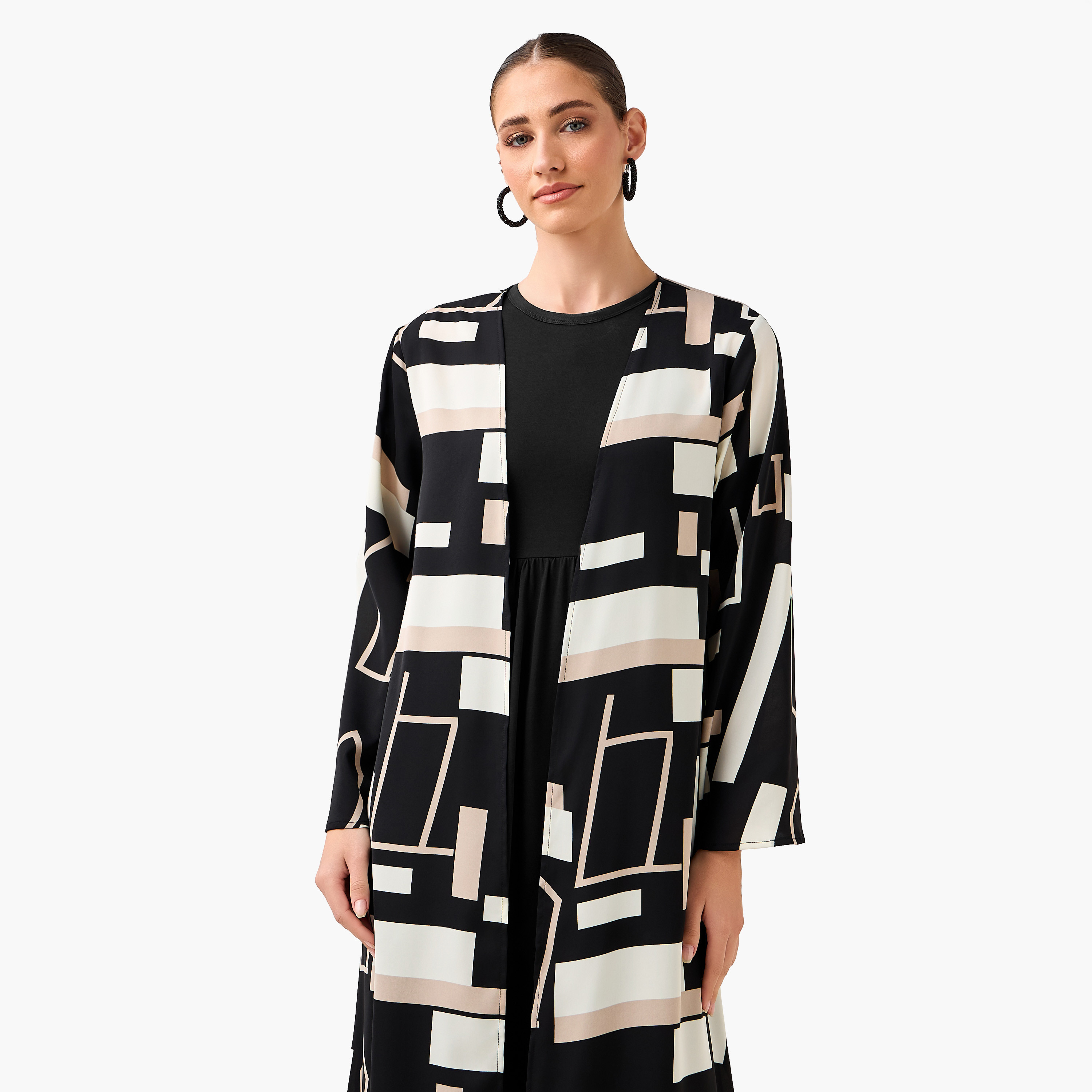 Regular Fit Kimono Abaya Shrug with Print-women-arabicclothing-abayas-image-7