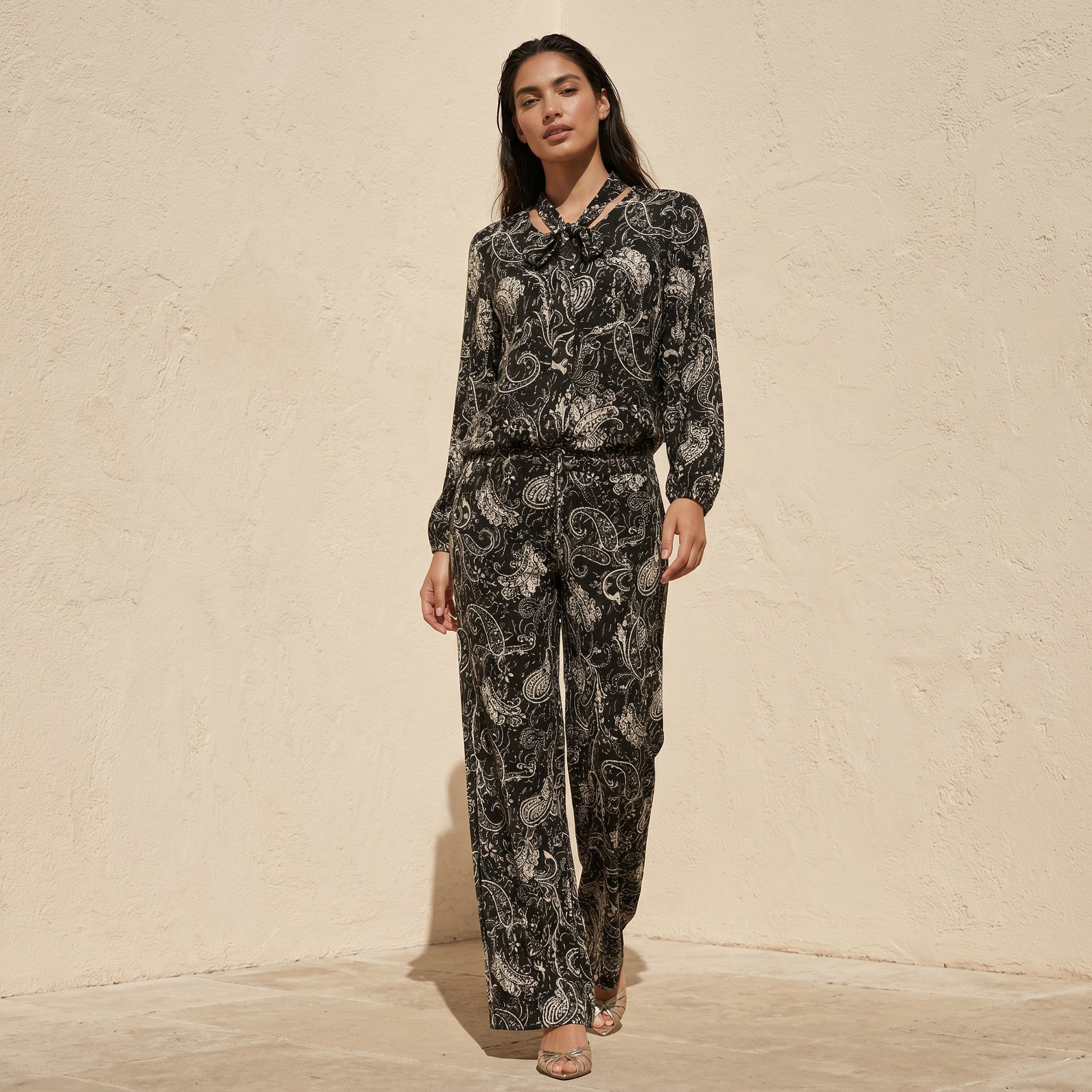 Printed Neck Tie Blouse with Bottom Co-ord Set-women-clothing-coordsets-image-1
