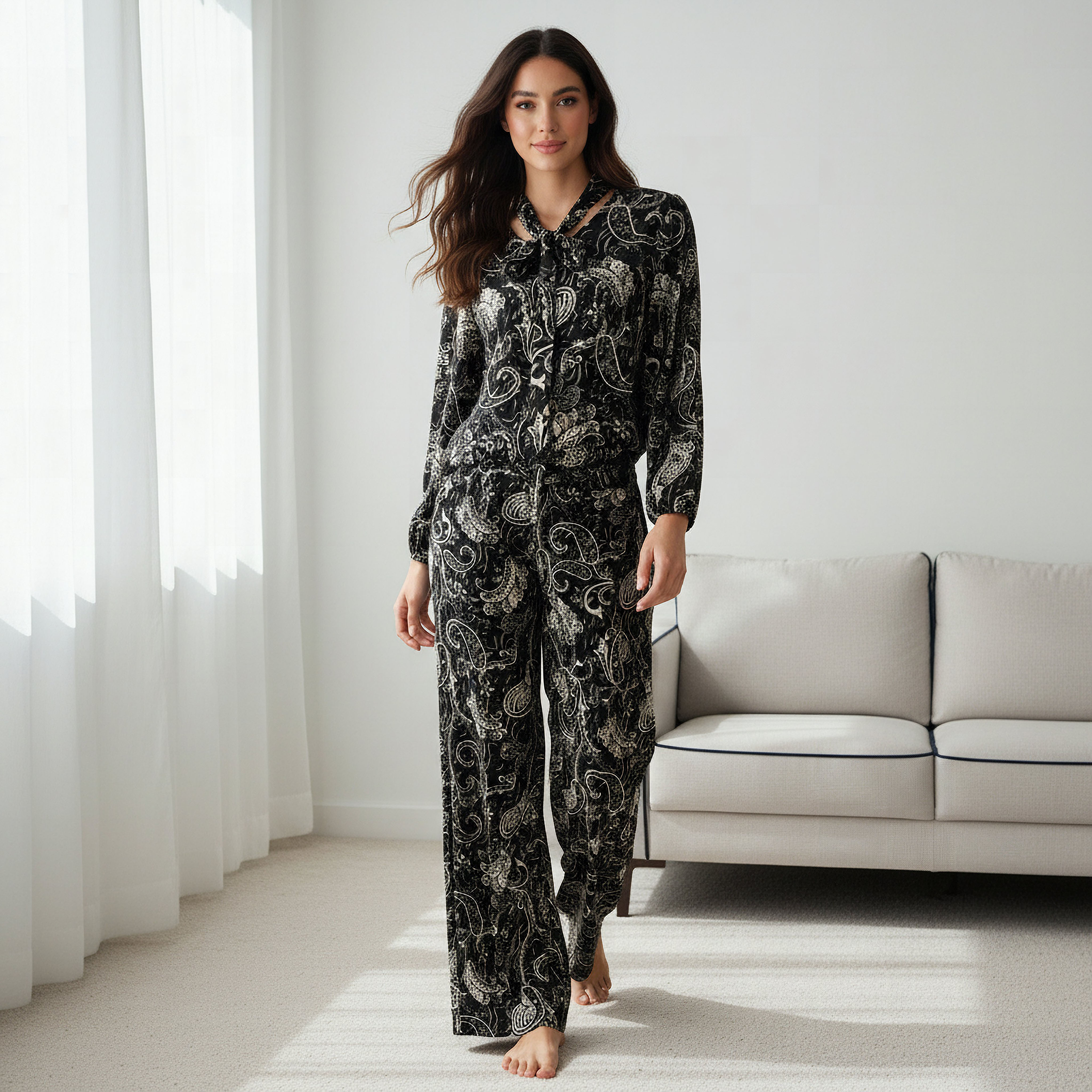 Printed Neck Tie Blouse with Bottom Co-ord Set-women-clothing-coordsets-image-2