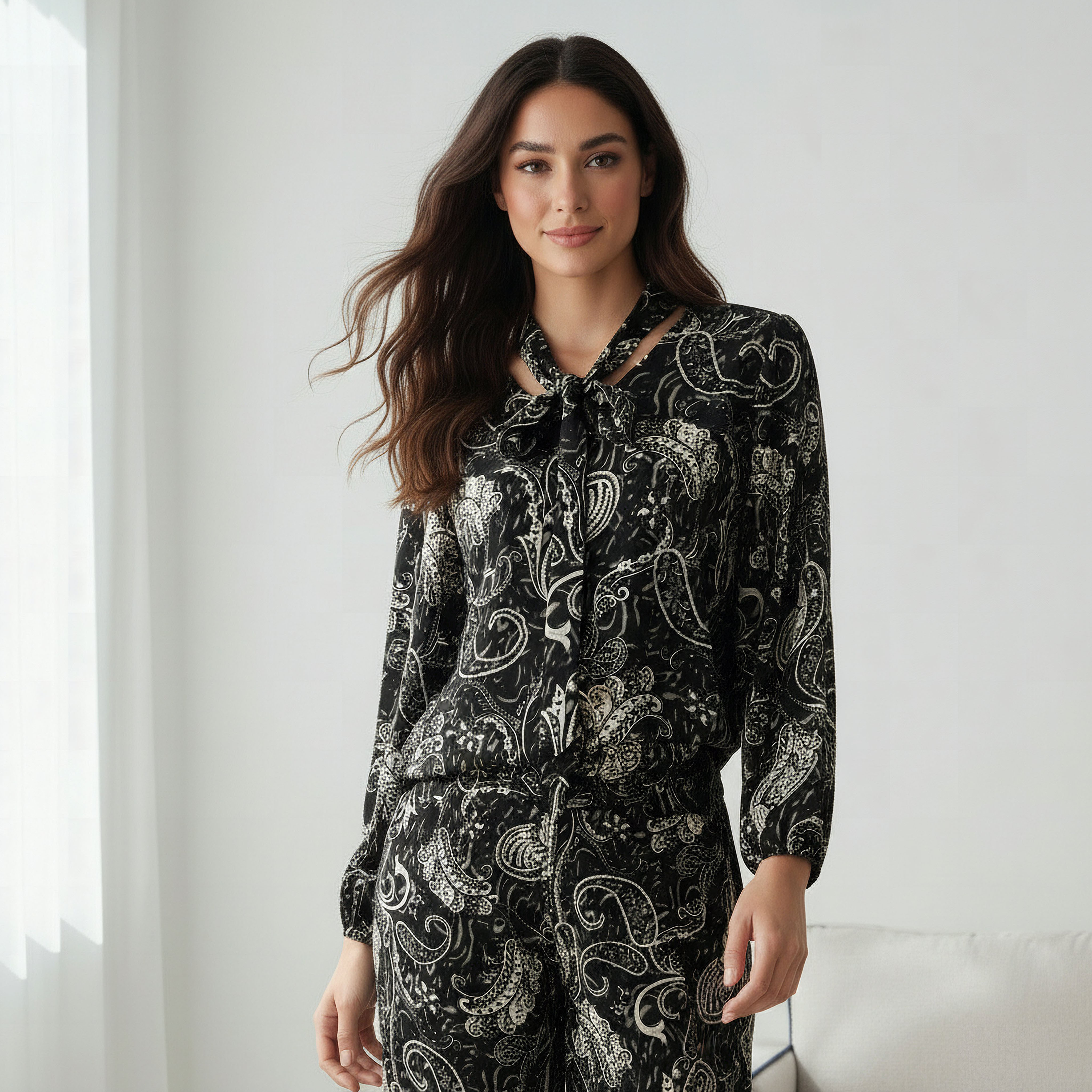 Printed Neck Tie Blouse with Bottom Co-ord Set-women-clothing-coordsets-image-4