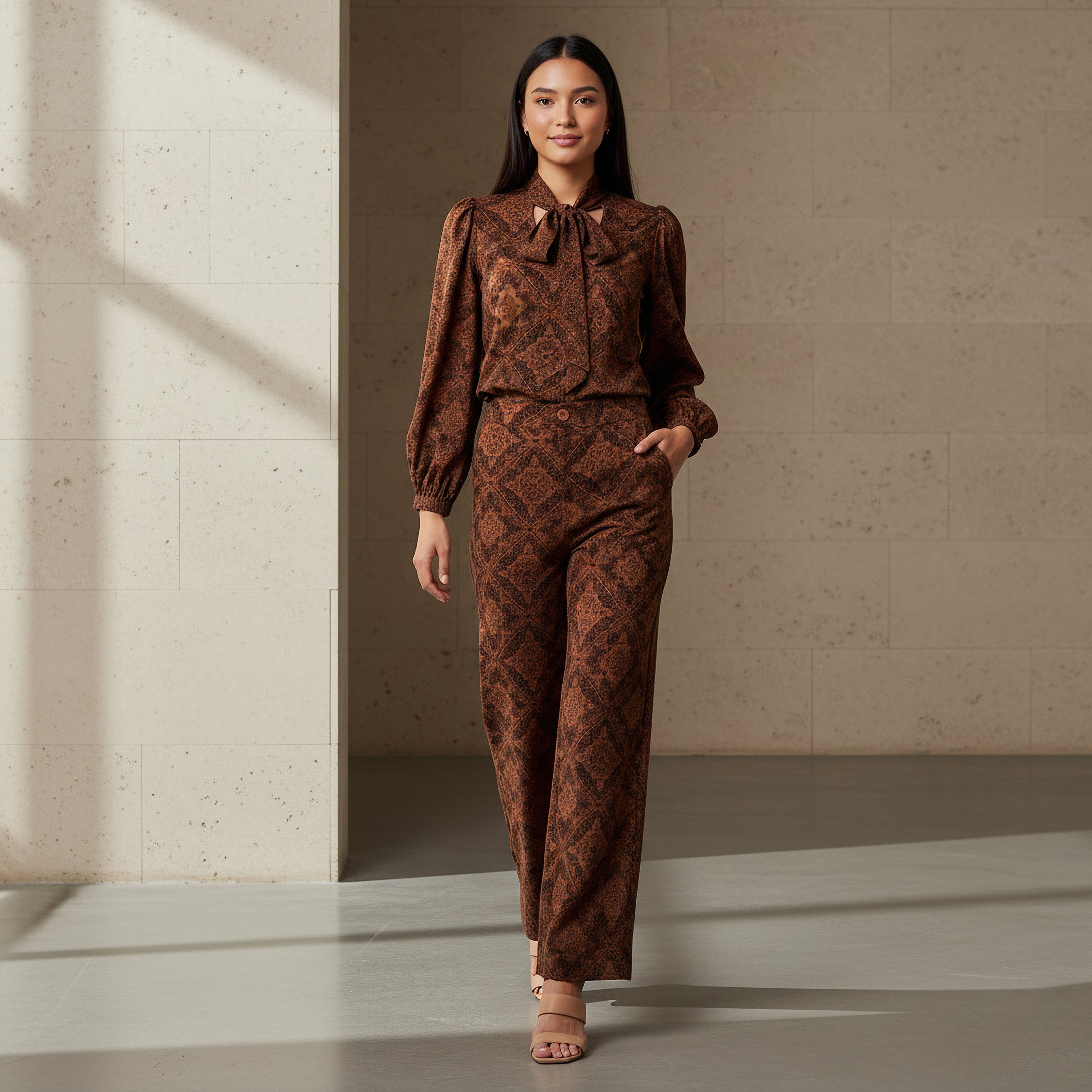 Printed Neck Tie Blouse with Bottom Co-ord Set-women-clothing-coordsets-image-1
