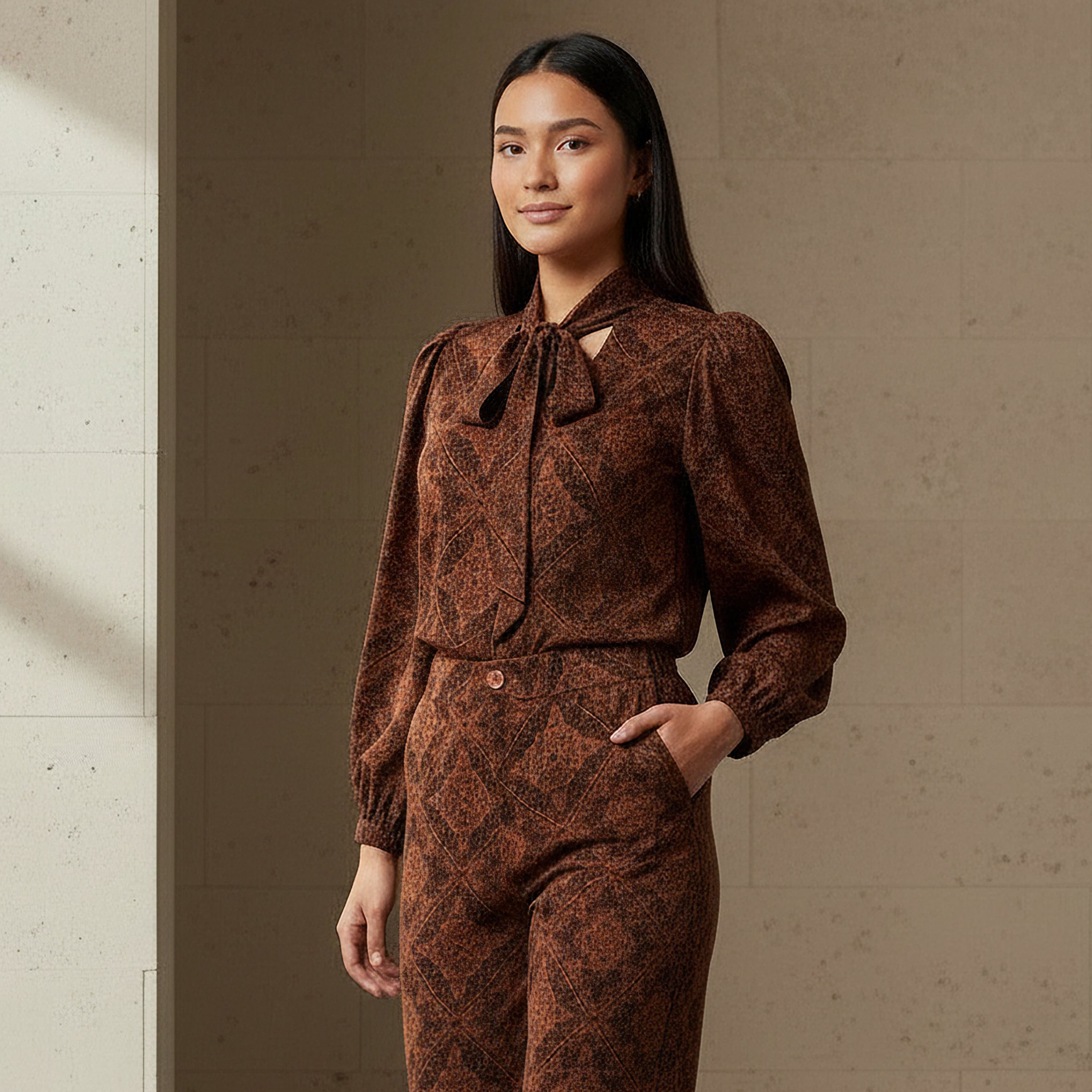 Printed Neck Tie Blouse with Bottom Co-ord Set-women-clothing-coordsets-image-2