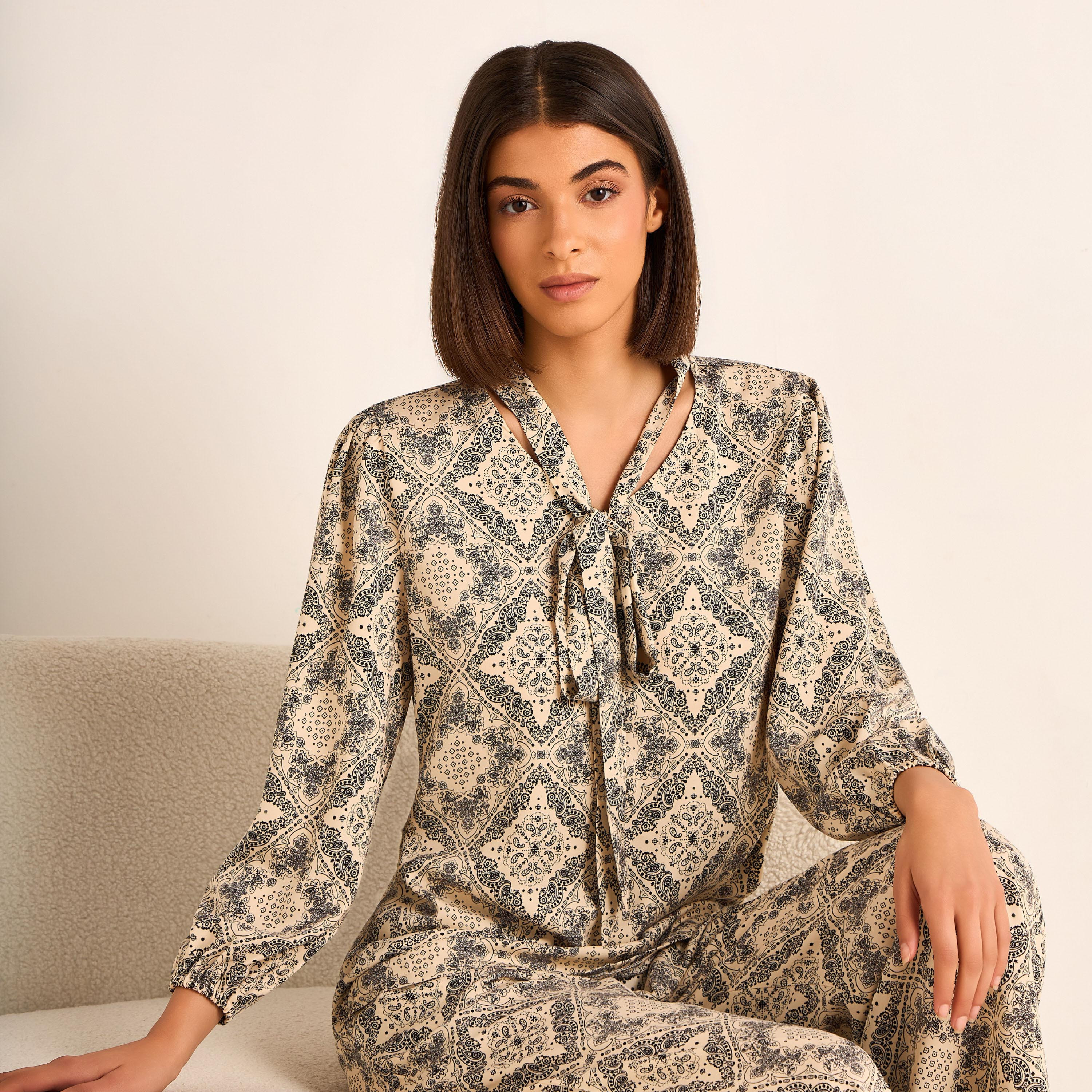 Printed Neck Tie Blouse with Bottom Co-ord Set-women-clothing-coordsets-image-7