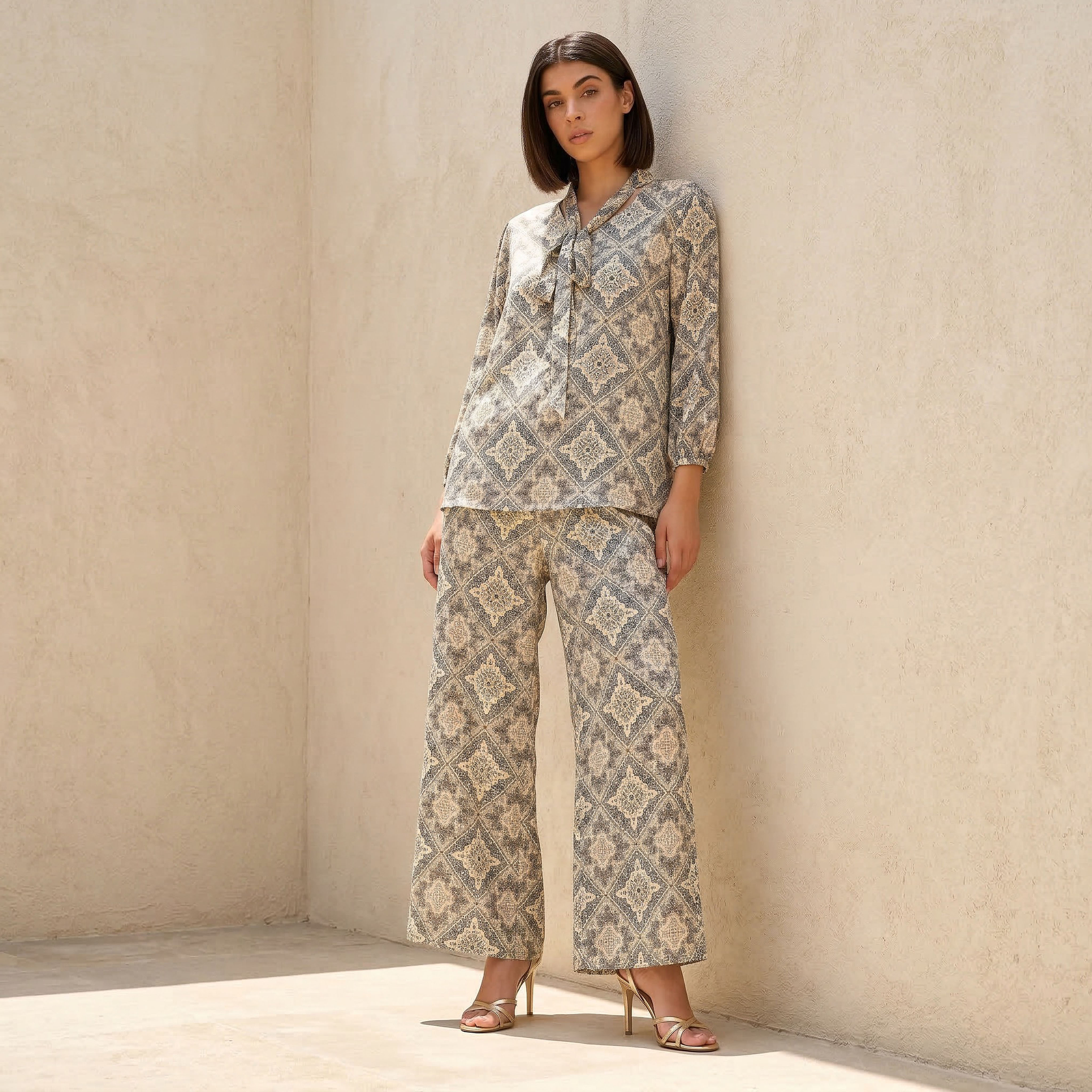 Printed Neck Tie Blouse with Bottom Co-ord Set-women-clothing-coordsets-image-1