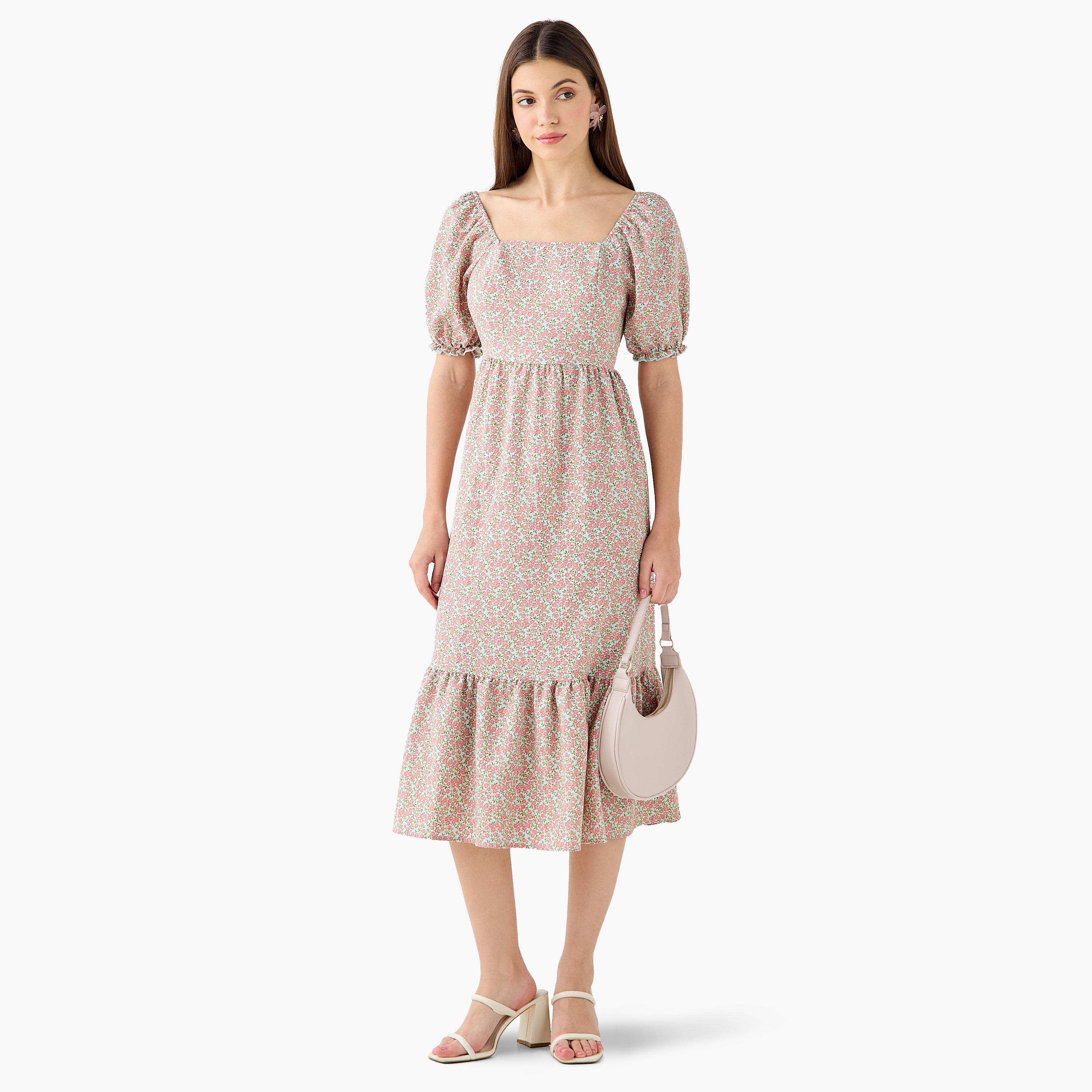 Floral Print Midi Dress with Square Neck-women-clothing-dresses-image-2