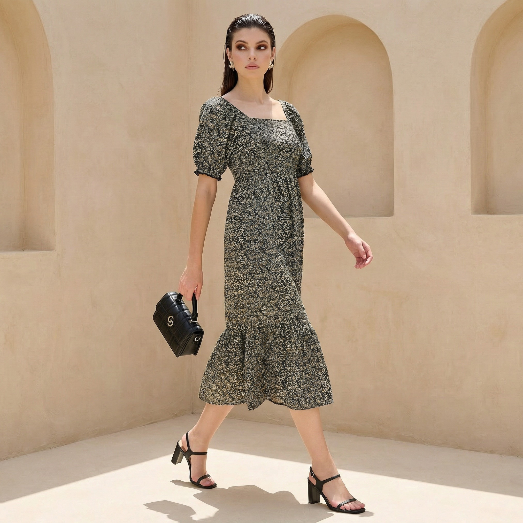 Floral Print Midi Dress with Square Neck-women-clothing-dresses-image-1