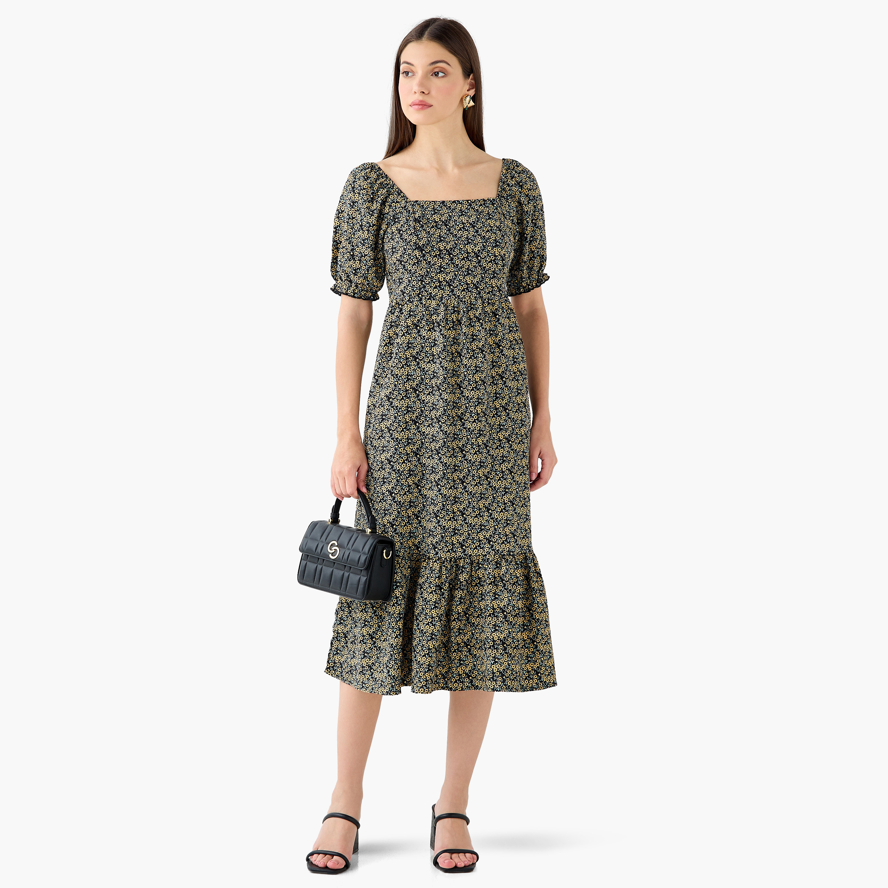 Floral Print Midi Dress with Square Neck-women-clothing-dresses-image-2