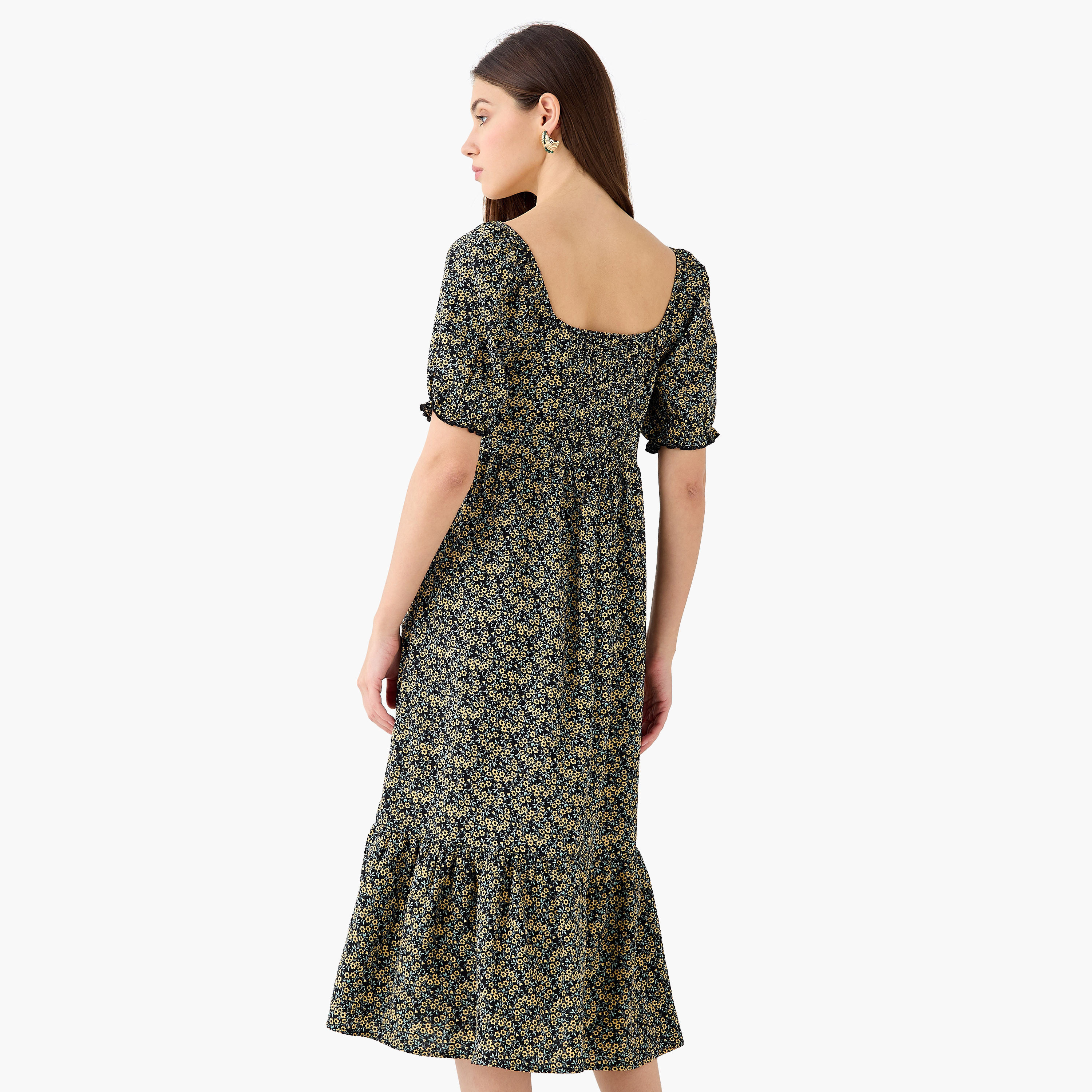 Floral Print Midi Dress with Square Neck-women-clothing-dresses-image-4
