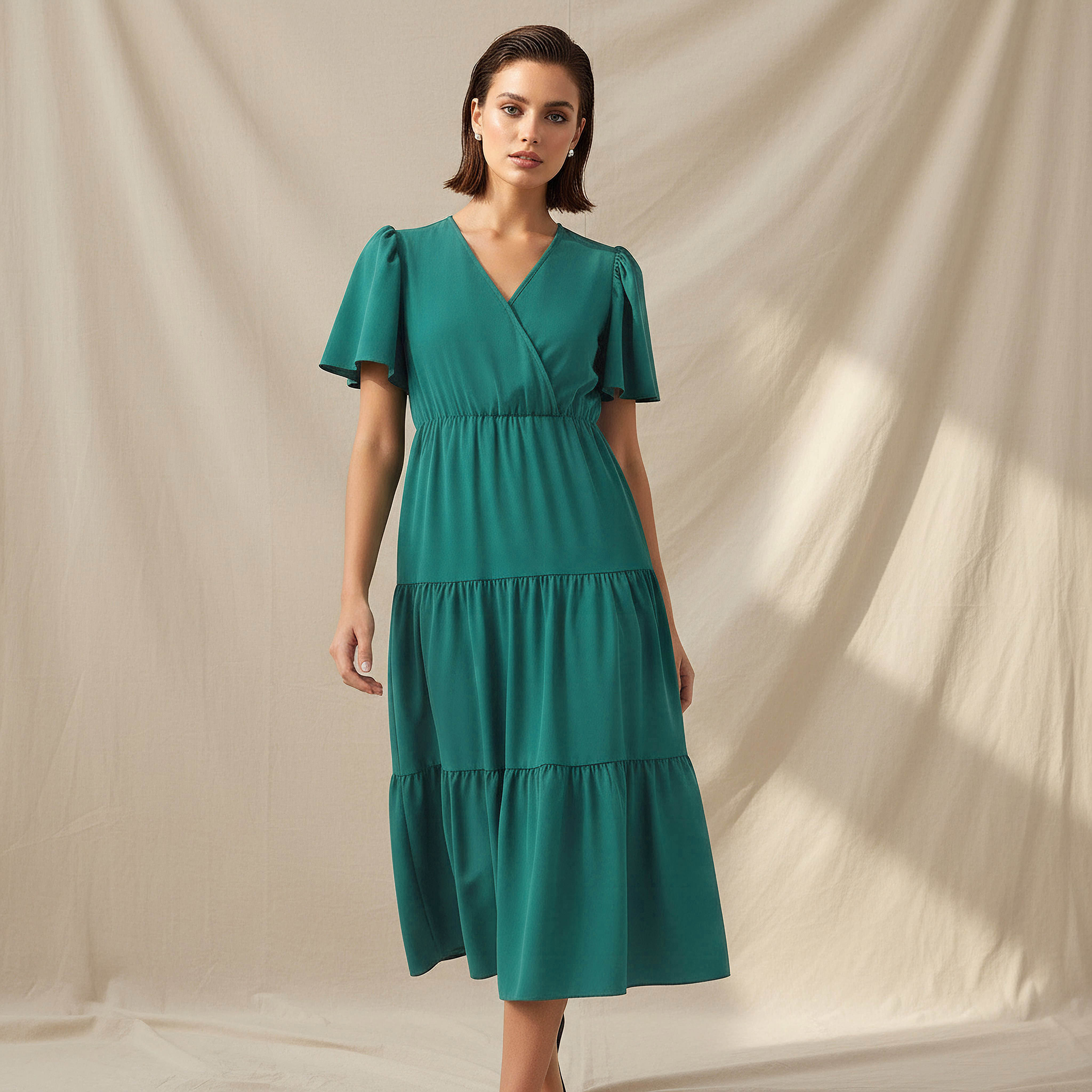 Tiered Midi Wrap Dress with V-neck-women-clothing-dresses-image-1