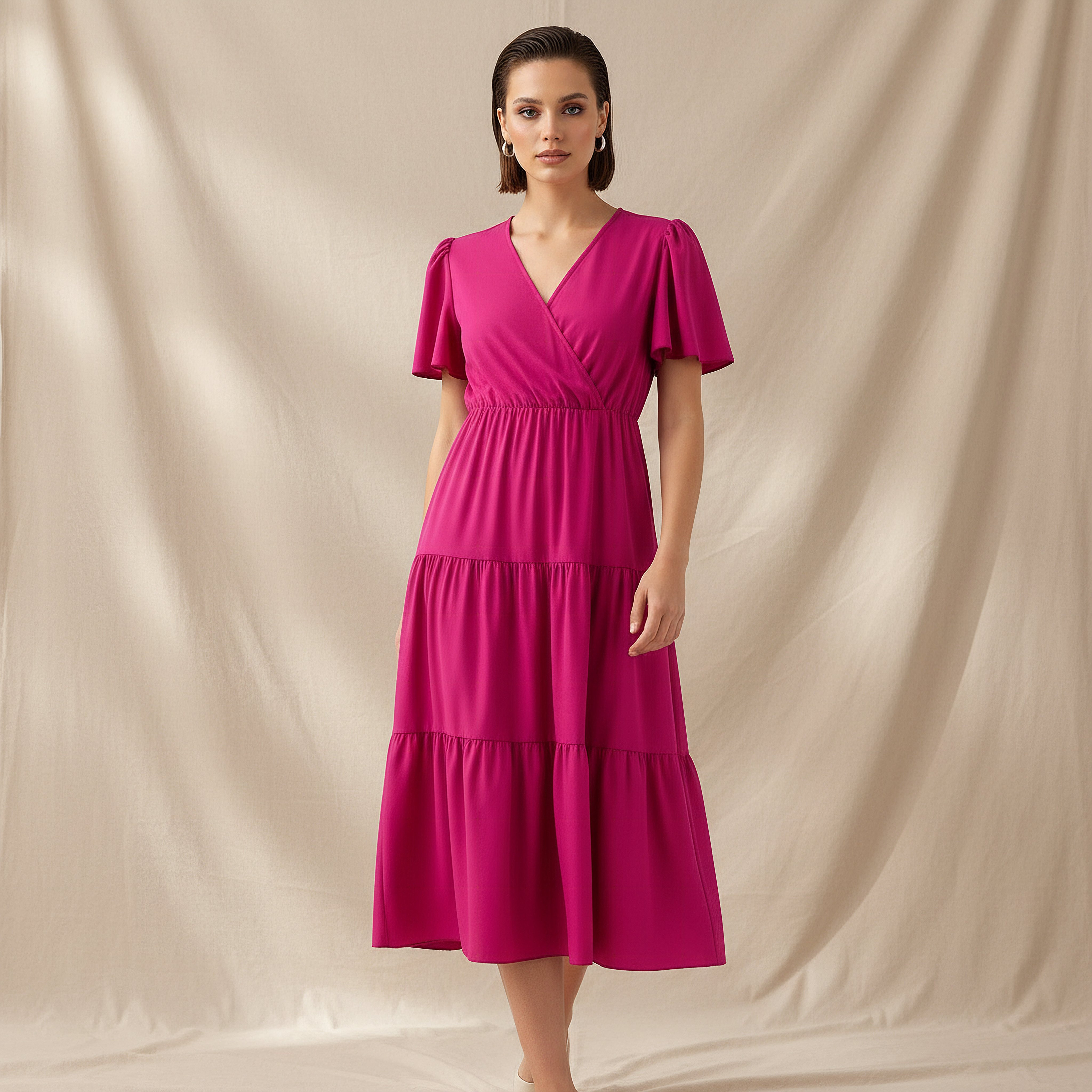 Tiered Midi Wrap Dress with V-neck-women-clothing-dresses-image-1