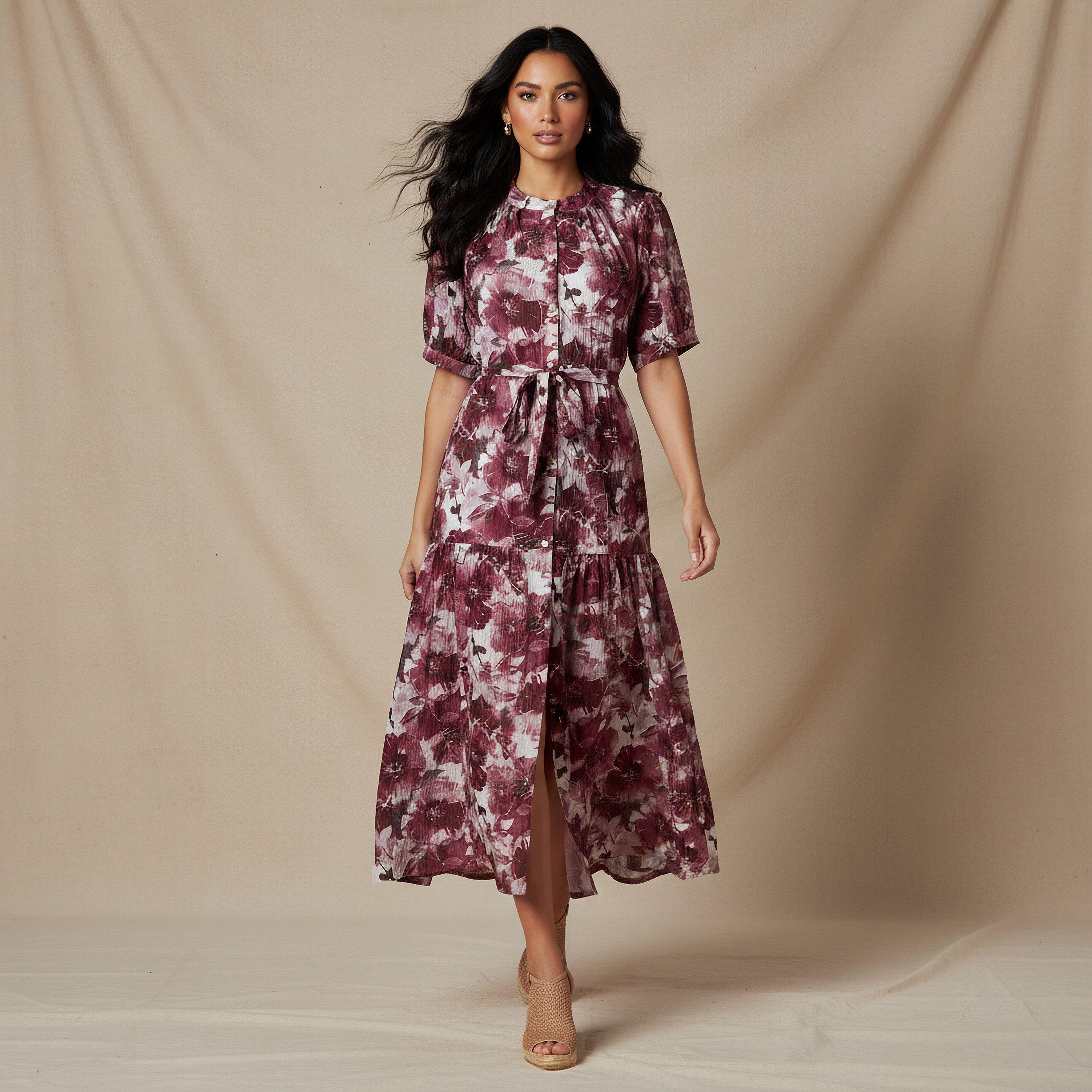Tiered Midi Viscose Belted Dress with Abstract Print-women-clothing-dresses-image-1
