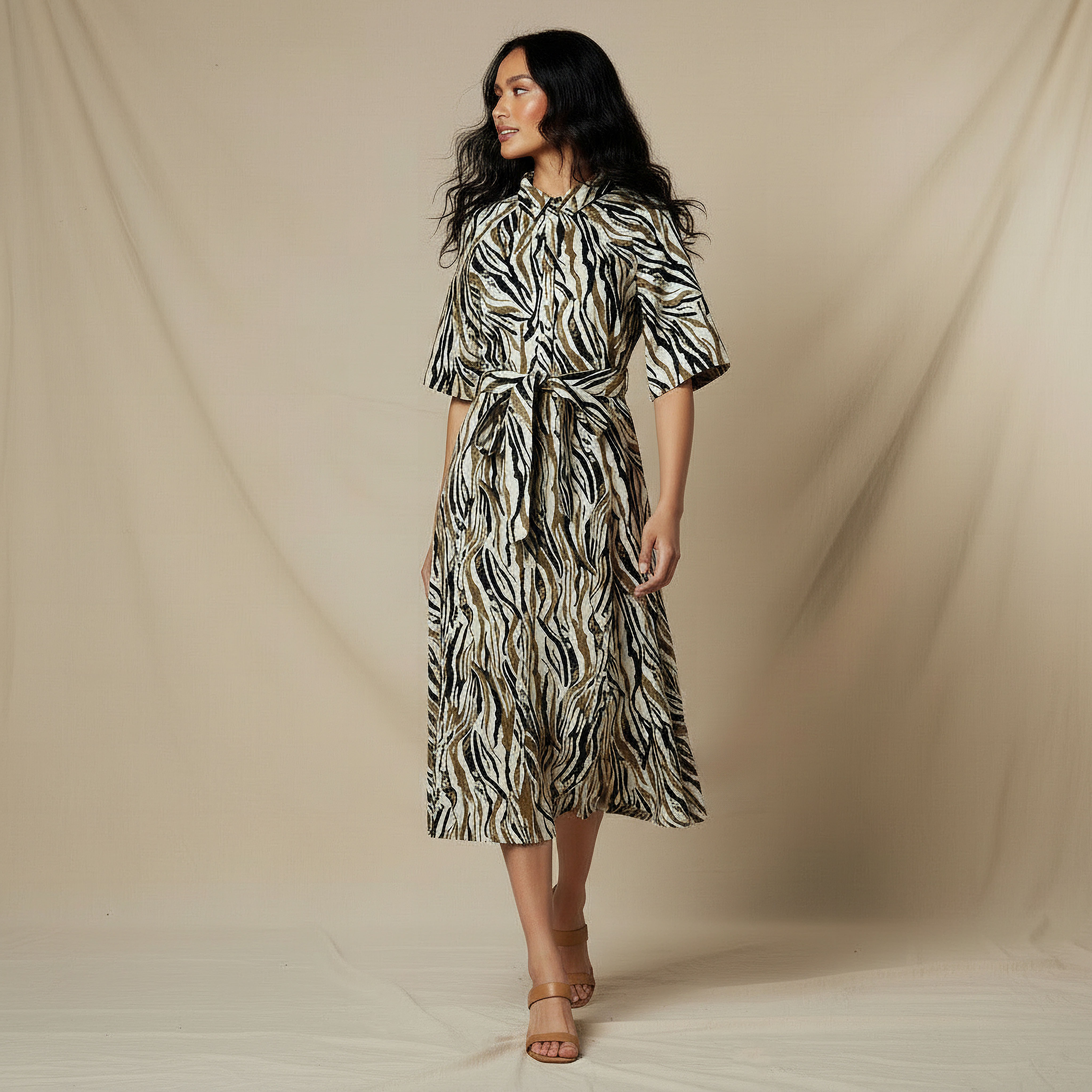 Printed Shirt Women Dress with Belt-women-clothing-dresses-image-2