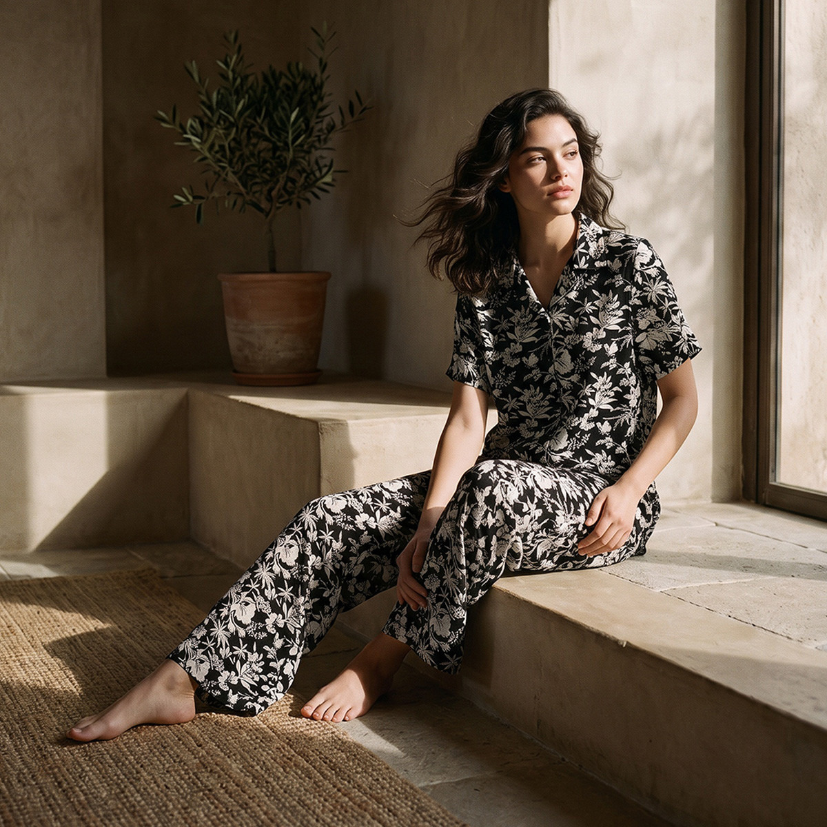 Pyjama Set Button-Down Shirt & Trousers Rayon-women-clothing-nightwear-pyjamas-longsets-image-1