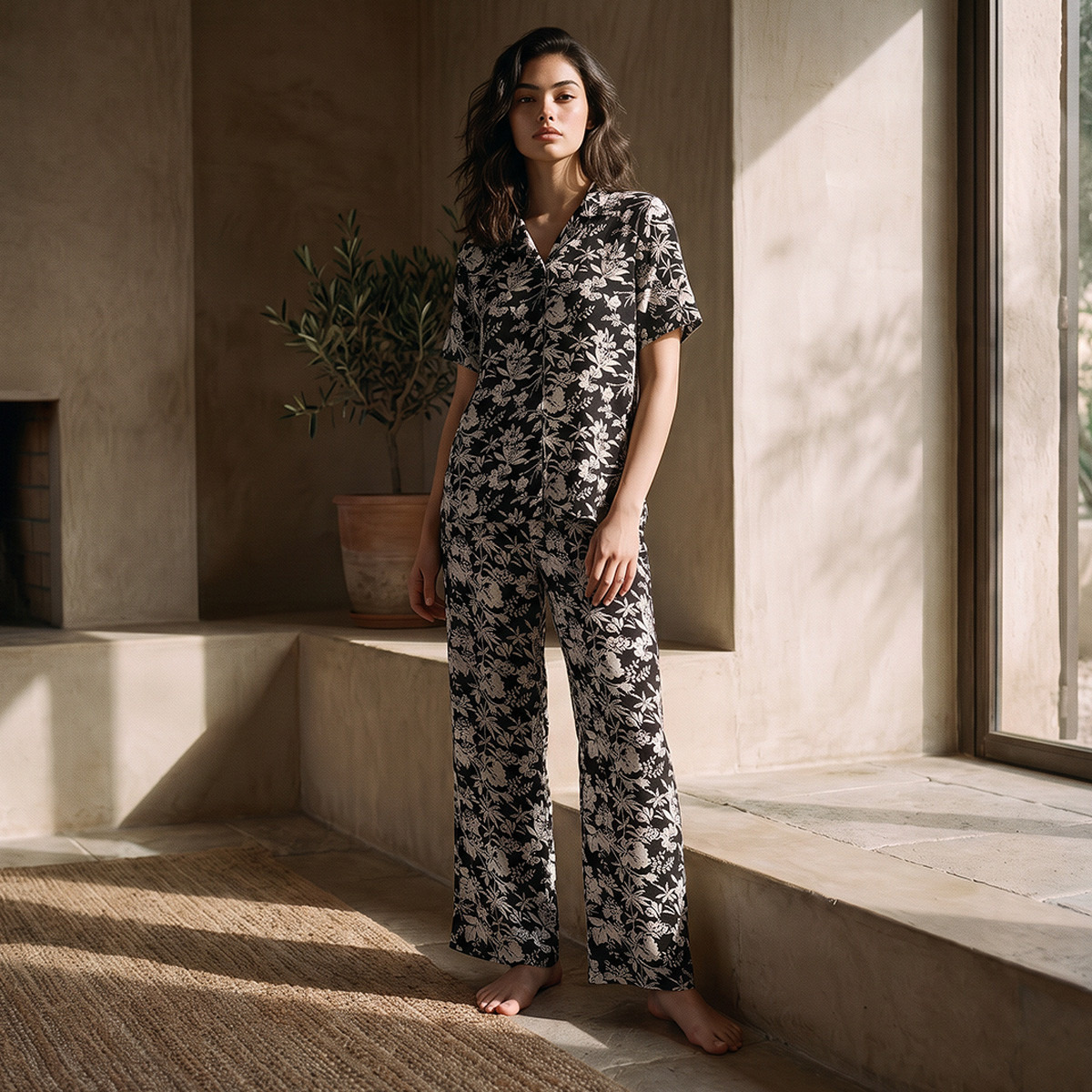 Pyjama Set Button-Down Shirt & Trousers Rayon-women-clothing-nightwear-pyjamas-longsets-image-2