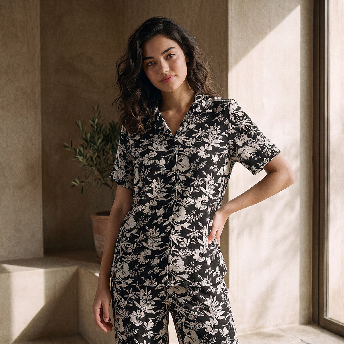 Pyjama Set Button-Down Shirt & Trousers Rayon-women-clothing-nightwear-pyjamas-longsets-image-4