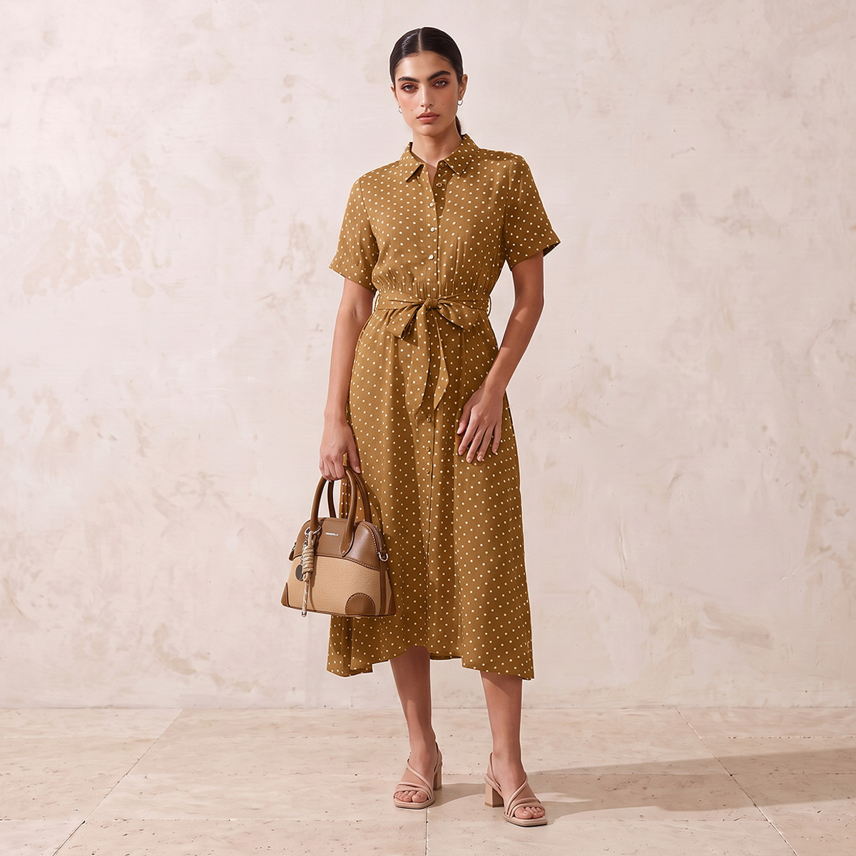 فستان قميص رايون بطبعات منقطة وحزام من سبلاش فيف-women-clothing-dresses-image-1